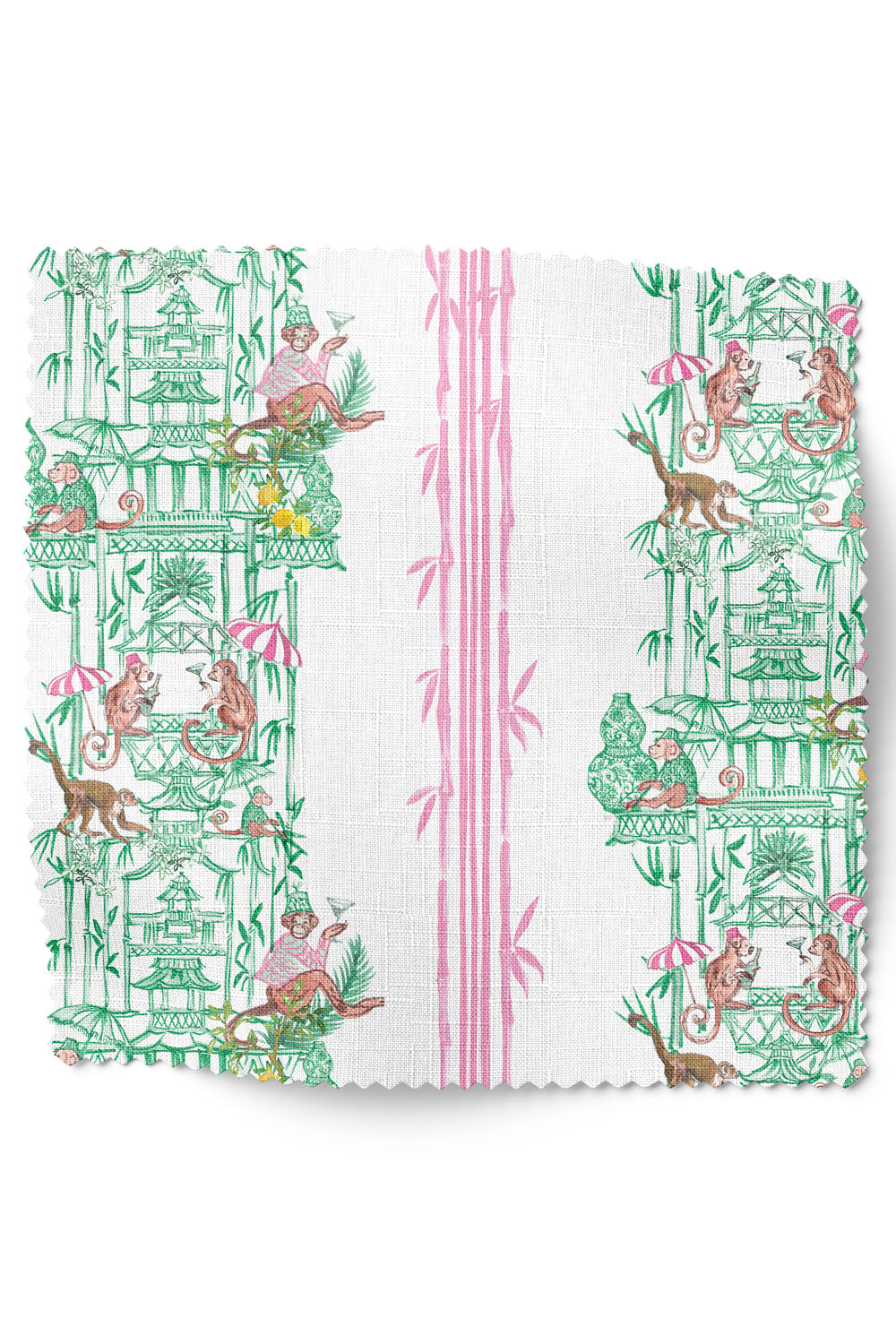 Whimsical chinoiserie toile upholstery fabric featuring pagodas, bamboo details, and monkeys partying in a hand-painted striped layout.