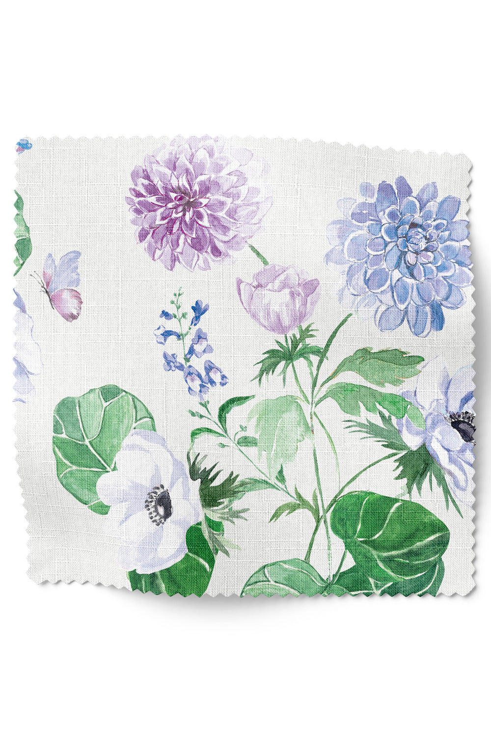 Botanical floral upholstery fabric with hand-painted dahlias, snapdragons, and hummingbirds in a vibrant, garden-inspired layout.