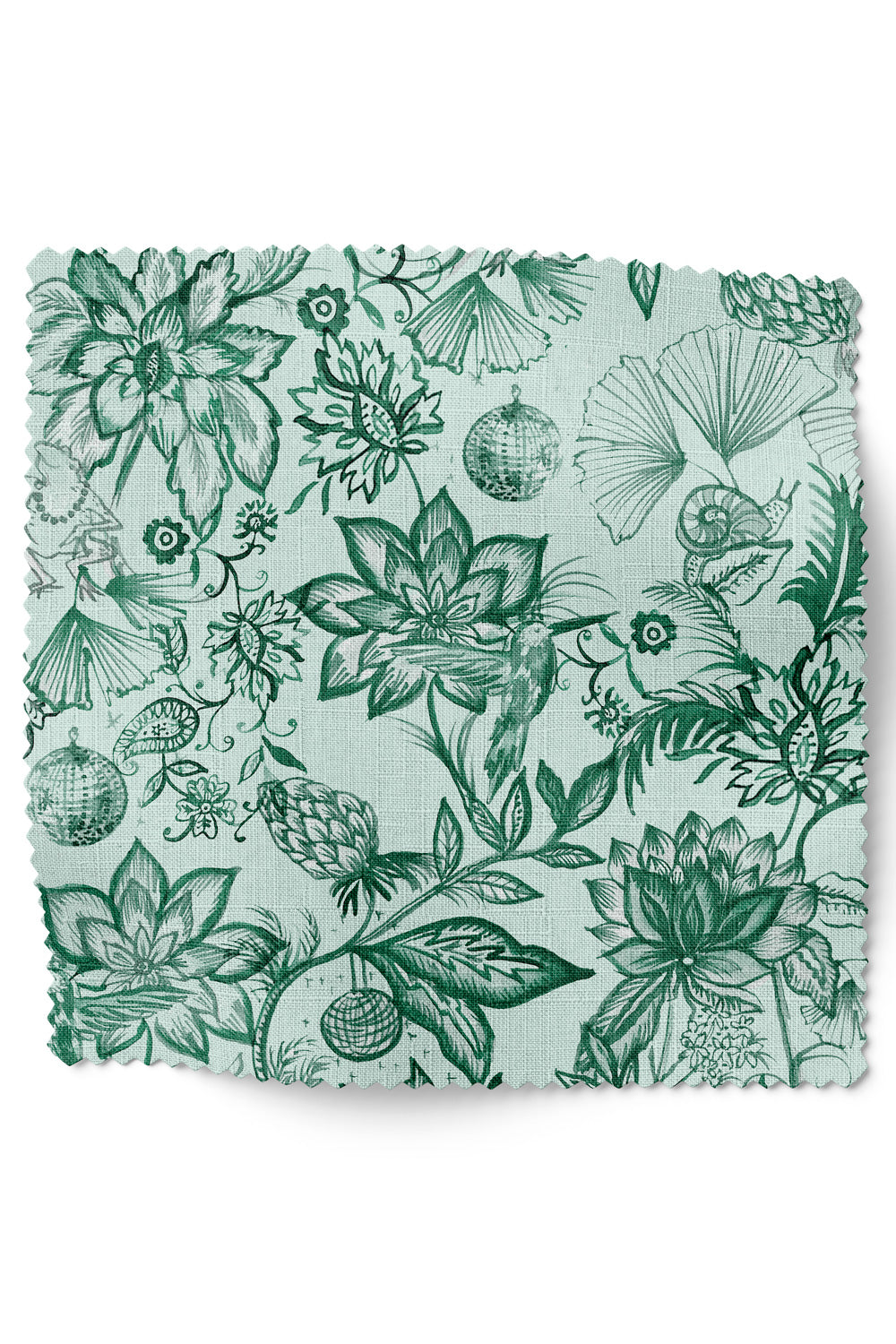 Chinoiserie floral upholstery fabric featuring hand-painted botanicals with a whimsical frog dancing under a disco ball and hidden playful details.