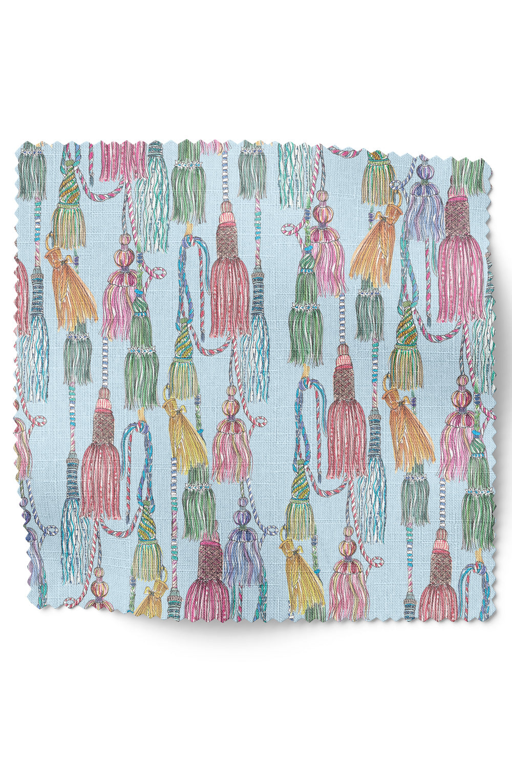 Decorative upholstery fabric with hand-painted watercolor tassels arranged in an allover trellis pattern, rich in texture and detail, light french blue base with pastel tassels. Chinoiserie style design.