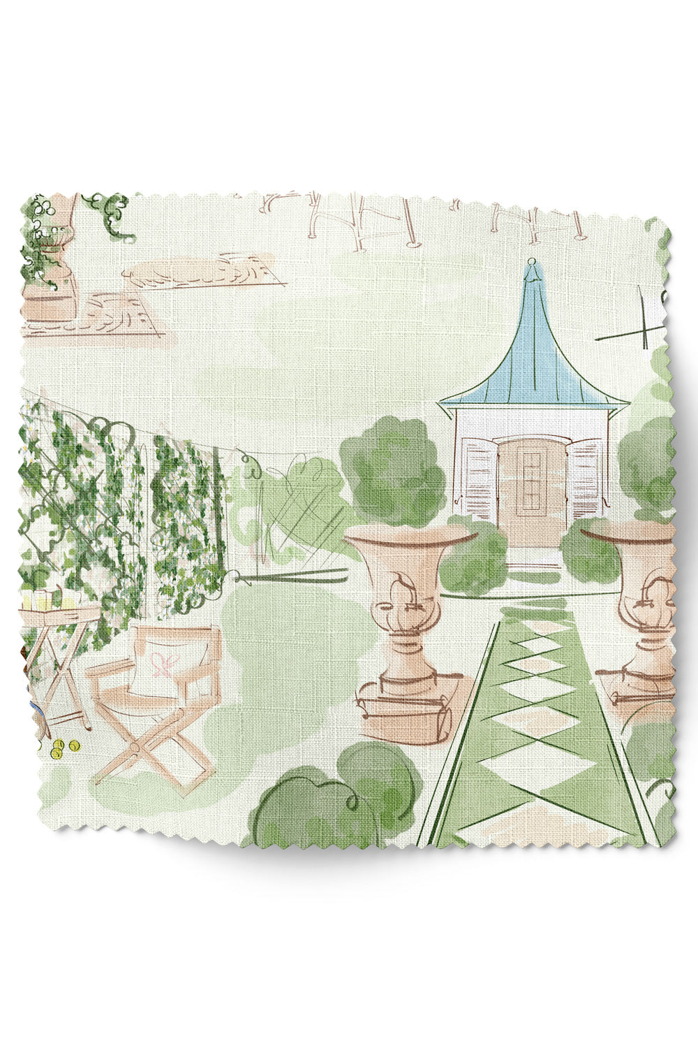 Classic sports toile upholstery fabric depicting tennis matches, poolside lounging, cocktails, and manicured country club scenes.