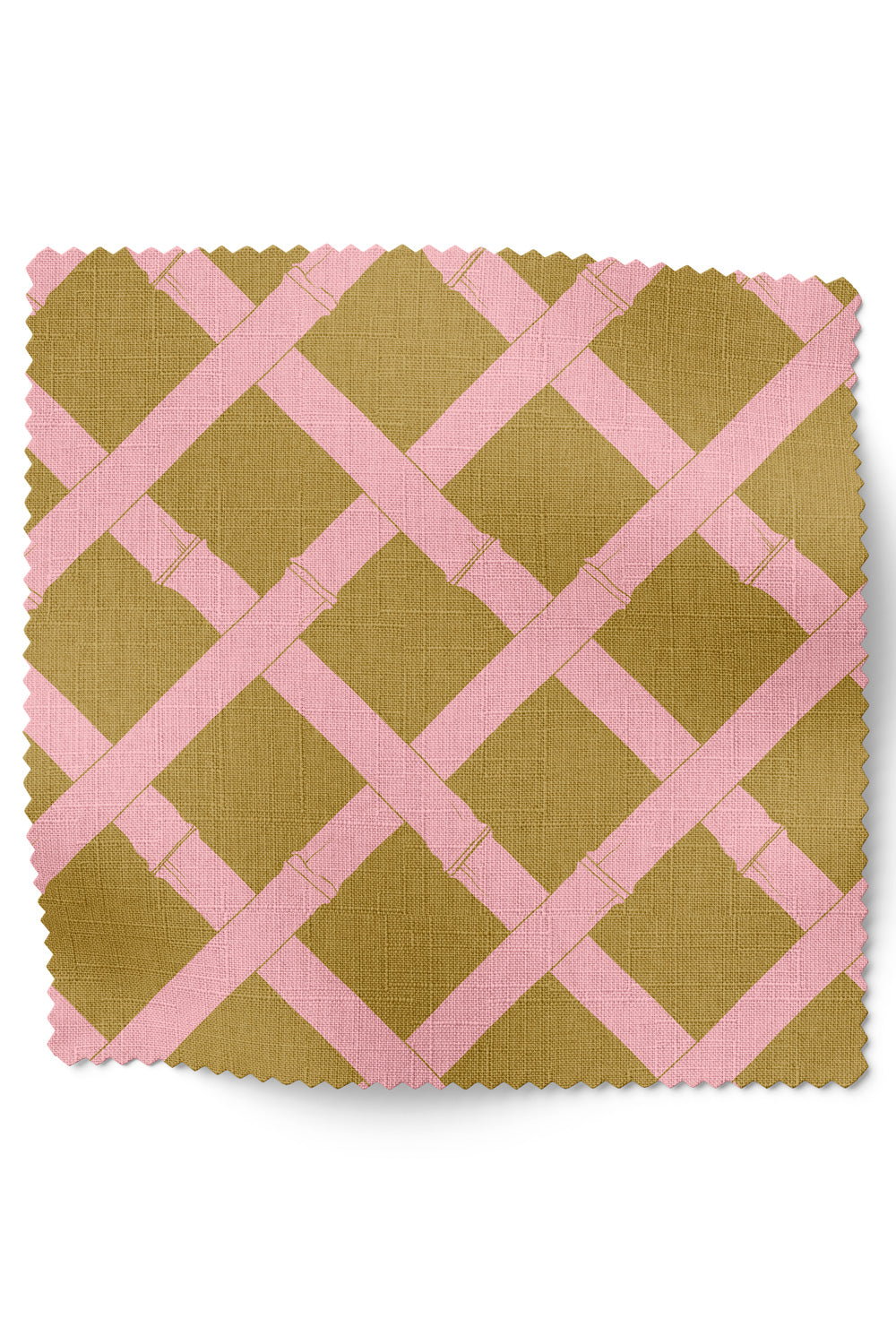 Geometric trellis upholstery fabric inspired by classic garden structures, featuring a balanced, stripe-like layout in pink and bronze.