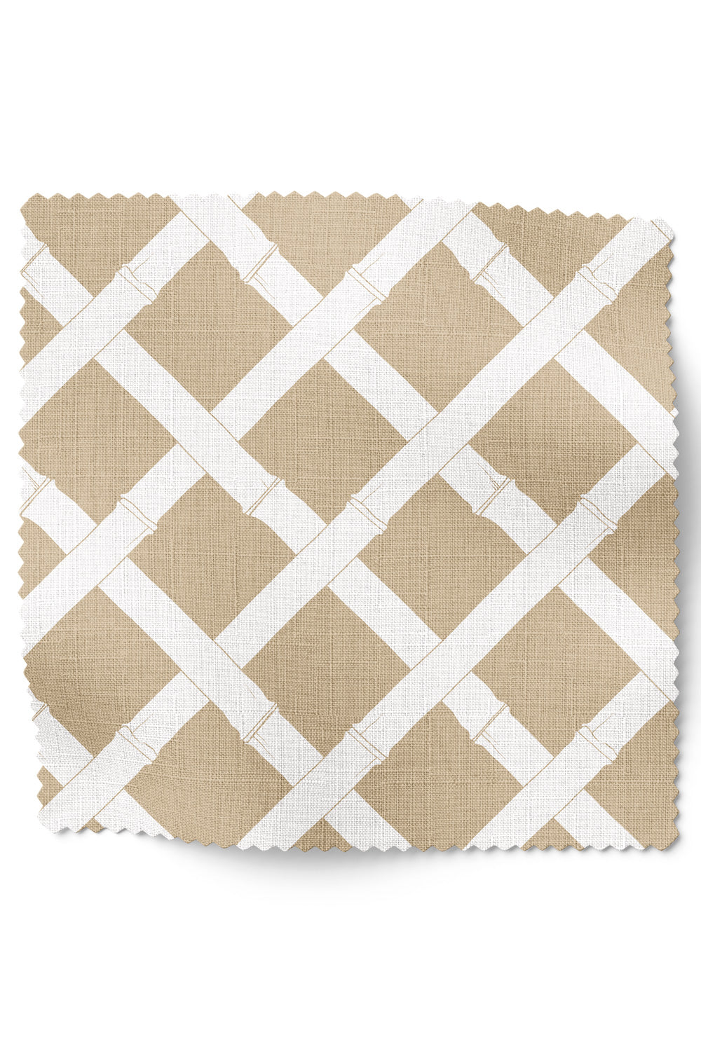 Geometric trellis upholstery fabric inspired by classic garden structures, featuring a balanced, stripe-like layout on beige with white.
