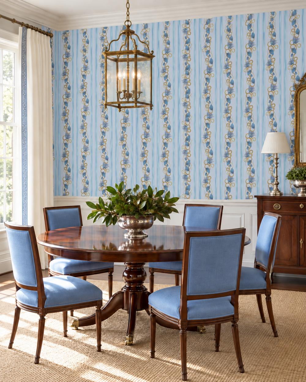 Hand-painted tassel stripe wallpaper printed on natural grasscloth featuring French blue stripes and cascading chinoiserie tassels perfect for luxury interior designer dining rooms