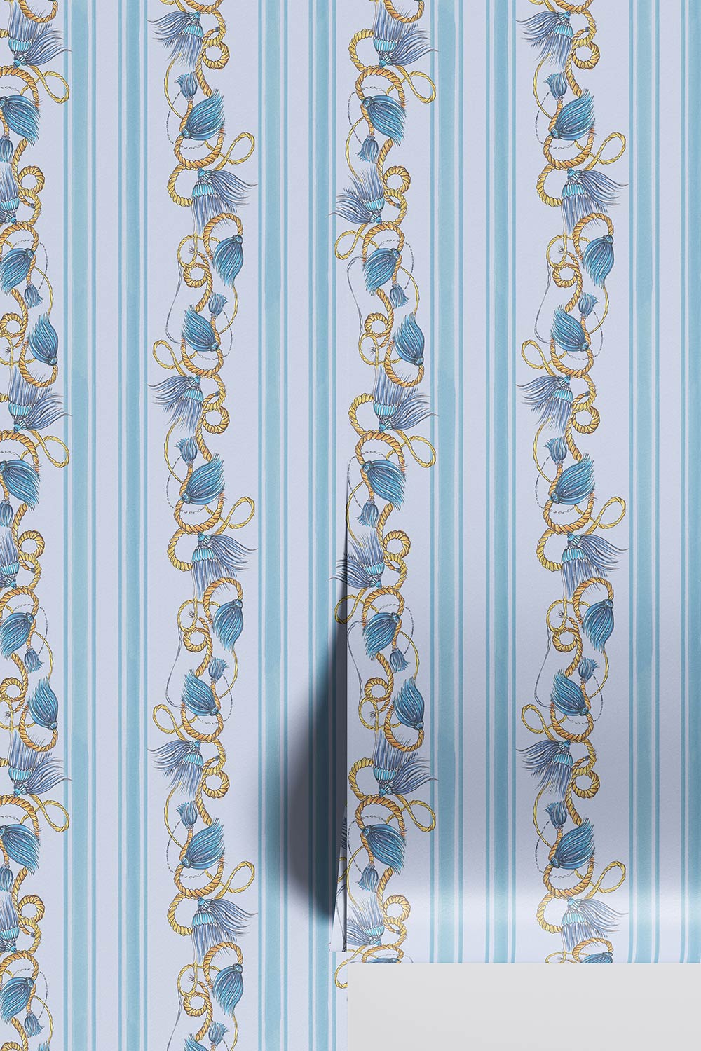 French blue stripe wallpaper, chinoiserie tassel wallpaper, watercolor stripe wallcovering, classic blue wallpaper, traditional striped wallpaper, elegant dining room wallpaper, timeless stripe pattern, custom chinoiserie wallpaper