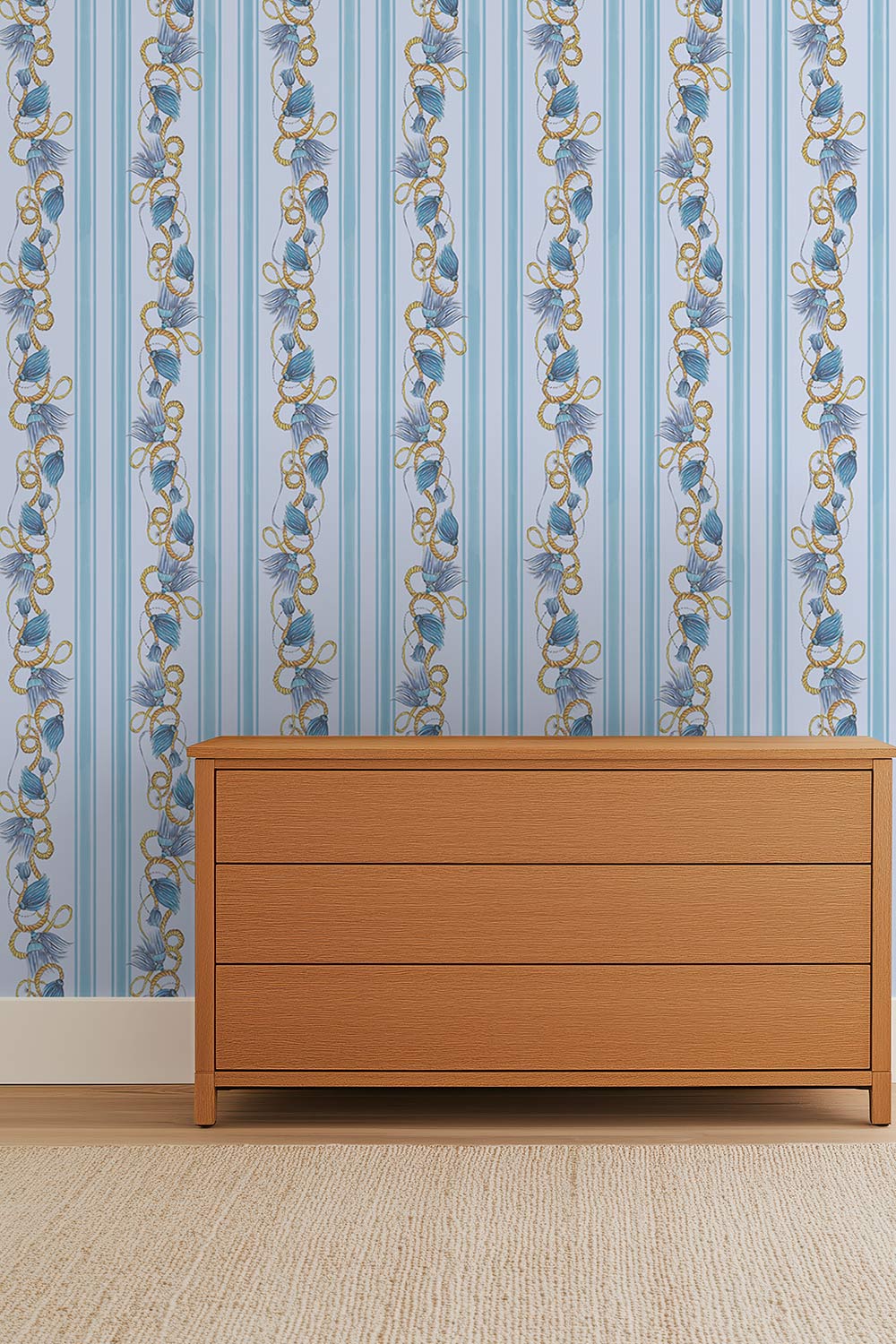 Hand-painted tassel stripe wallpaper printed on natural grasscloth featuring French blue stripes and cascading chinoiserie tassels perfect for luxury interior designer living rooms