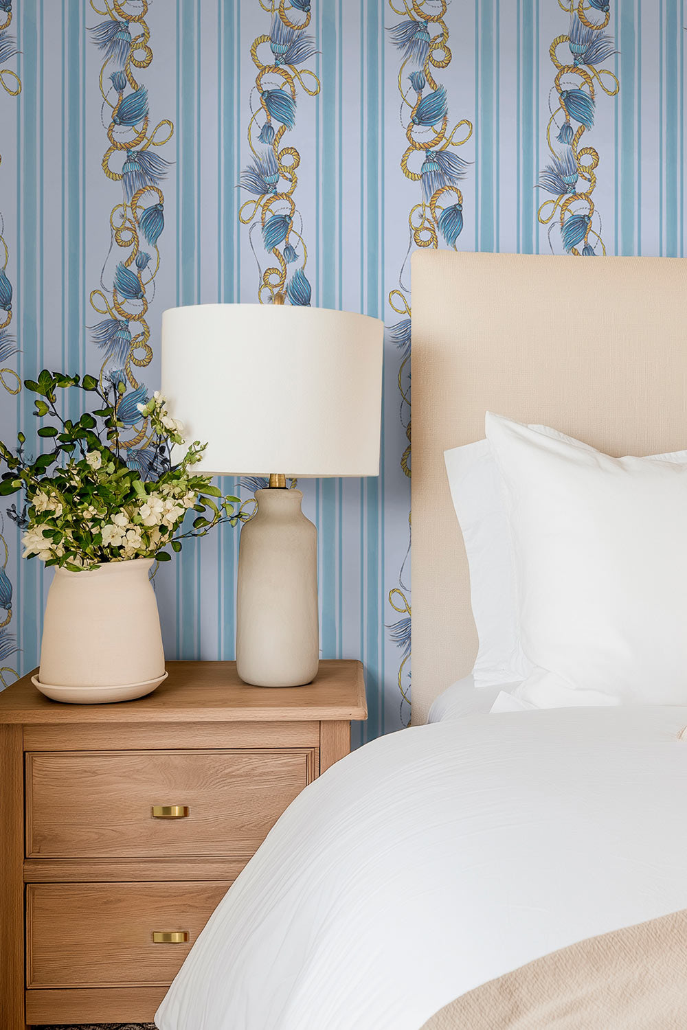 Watercolor tassel stripe wallpaper in French blue featuring cascading chinoiserie tassels and classic vertical stripes perfect for luxury guest bedrooms