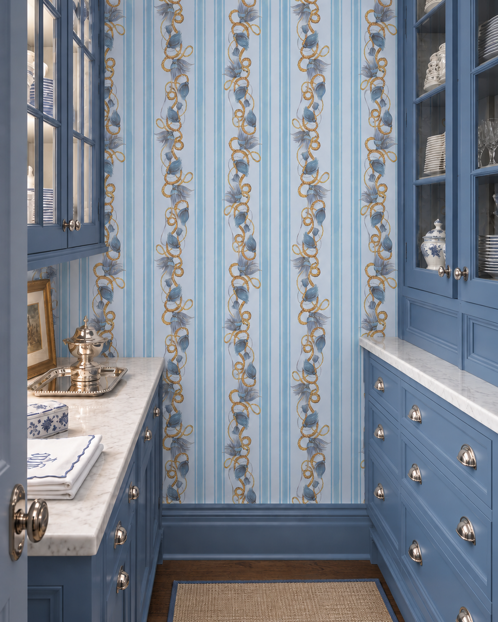 Watercolor tassel stripe wallpaper in French blue featuring cascading chinoiserie tassels and classic vertical stripes perfect for this luxury butler's pantry