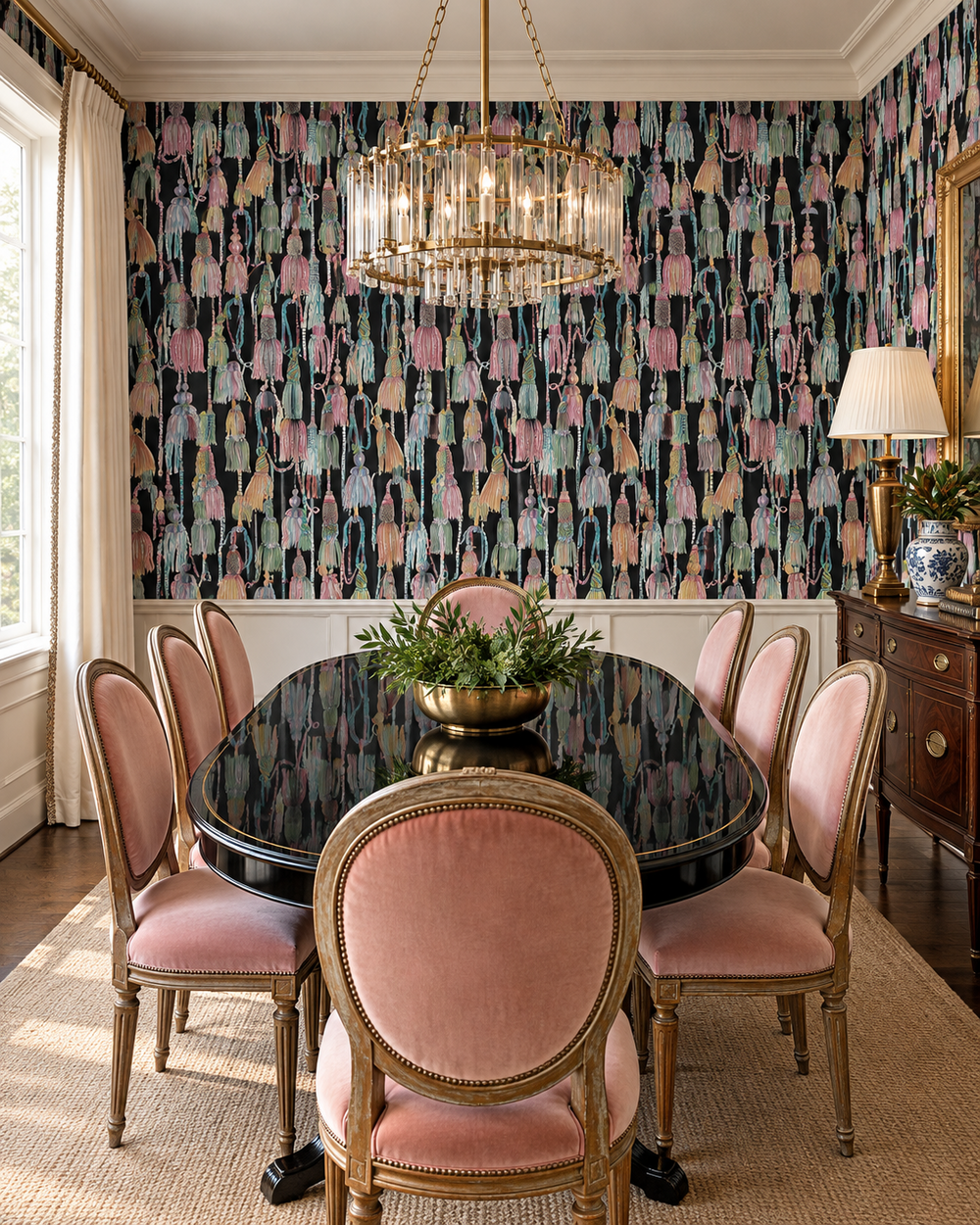 formal traditional dining room featuring tassel wallpaper grasscloth, chinoiserie grasscloth wallpaper, chintz tassel pattern, natural woven wallpaper, traditional interior design wallpaper, trellis grasscloth wallcovering, neutral tassel wallpaper, hand painted tassel design