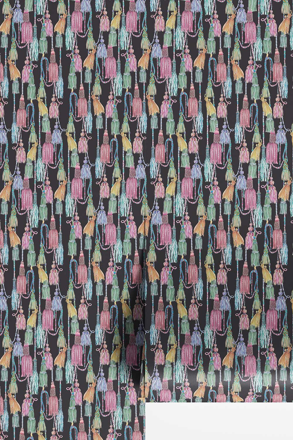 tassel wallpaper, chinoiserie tassel wallpaper, chintz wallpaper pattern, traditional interior wallcovering, classic trellis wallpaper, hand painted tassel art, elegant statement wallpaper, decorative tassel design
