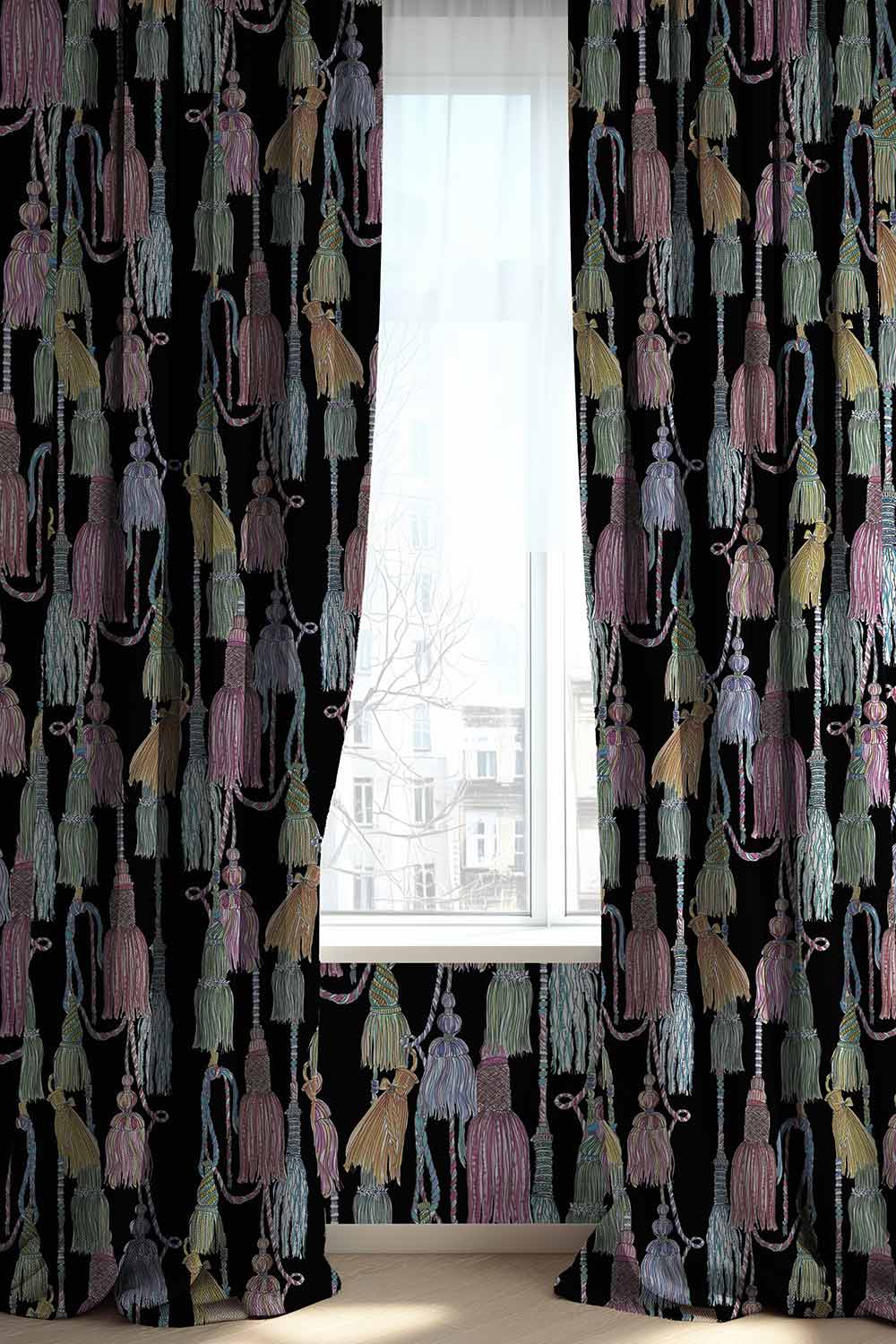 Decorative upholstery fabric with hand-painted watercolor tassels arranged in an allover trellis pattern, rich in texture and detail, black base with shades of pastel tassels. Chinoiserie style design.