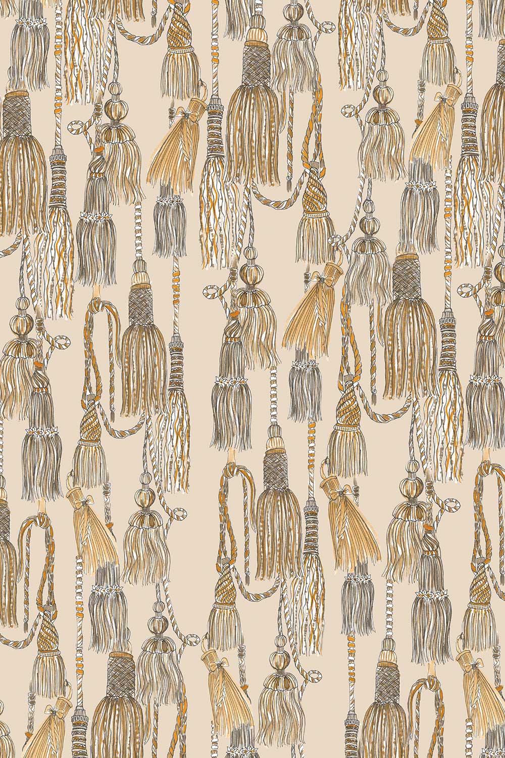 tassel wallpaper grasscloth, chinoiserie grasscloth wallpaper, chintz tassel pattern, natural woven wallpaper, traditional interior design wallpaper, trellis grasscloth wallcovering, neutral tassel wallpaper, hand painted tassel design
