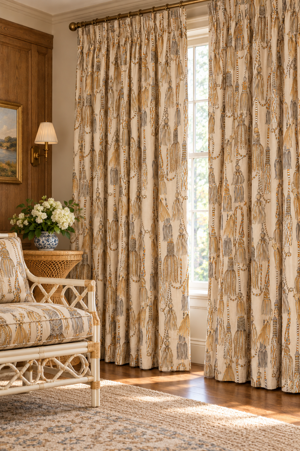 Decorative upholstery fabric with hand-painted watercolor tassels arranged in an allover trellis pattern, rich in texture and detail, light french blue base with pastel tassels. Chinoiserie style design. Featured as the custom window drapery and coordinating chair cushions in this formal living room