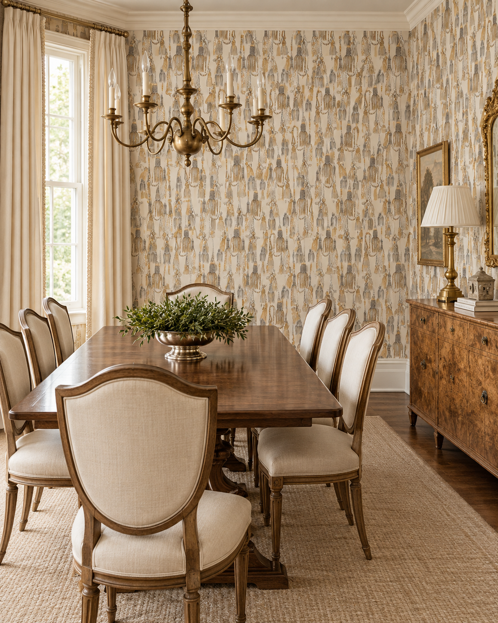 luxury traditional dining room featuring tassel wallpaper grasscloth, chinoiserie grasscloth wallpaper, chintz tassel pattern, natural woven wallpaper, traditional interior design wallpaper, trellis grasscloth wallcovering, neutral tassel wallpaper, hand painted tassel design