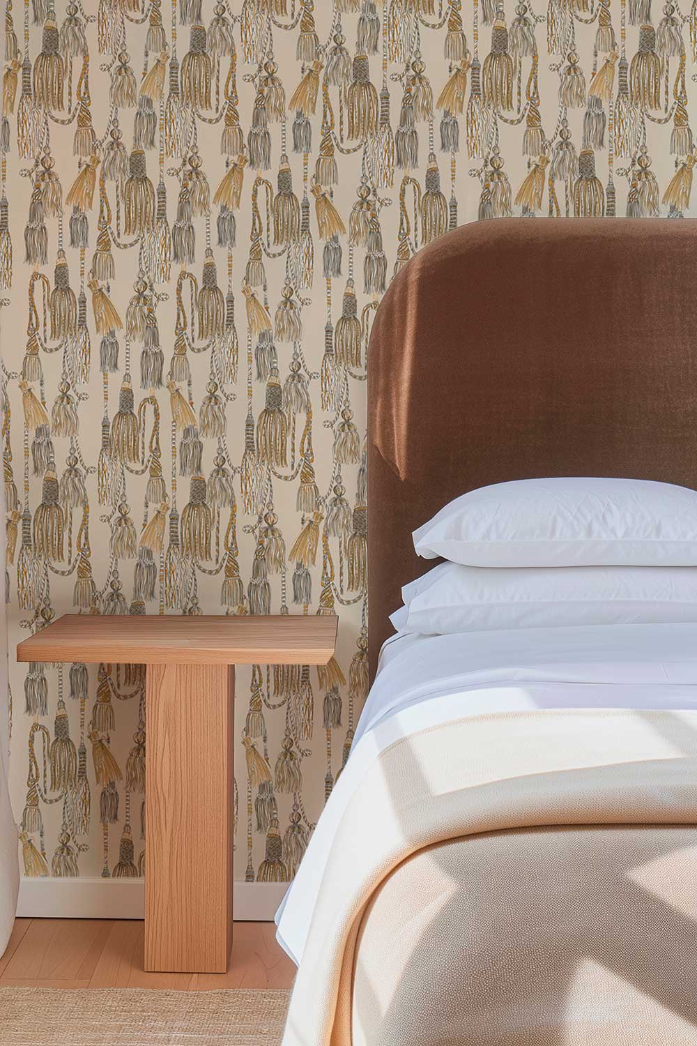 tassel wallpaper, chinoiserie tassel wallpaper, chintz wallpaper pattern, traditional interior wallcovering, classic trellis wallpaper, hand painted tassel art, elegant statement wallpaper, decorative tassel design