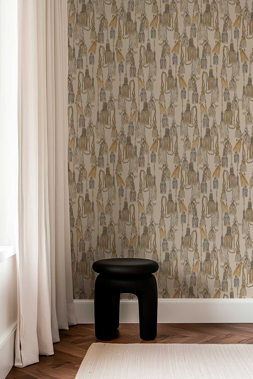 tassel wallpaper grasscloth, chinoiserie grasscloth wallpaper, chintz tassel pattern, natural woven wallpaper, traditional interior design wallpaper, trellis grasscloth wallcovering, neutral tassel wallpaper, hand painted tassel design