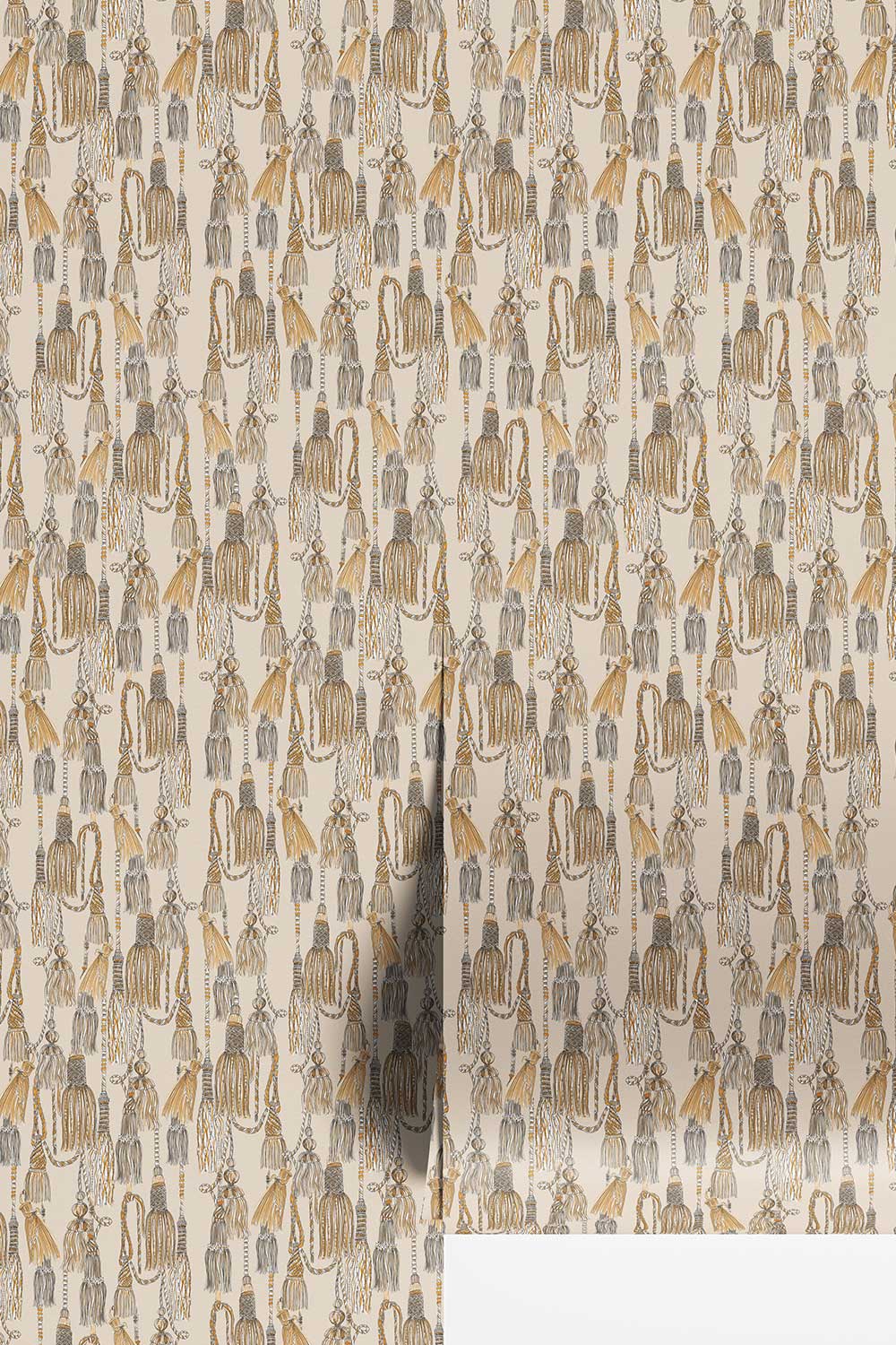 tassel wallpaper, chinoiserie tassel wallpaper, chintz wallpaper pattern, traditional interior wallcovering, classic trellis wallpaper, hand painted tassel art, elegant statement wallpaper, decorative tassel design