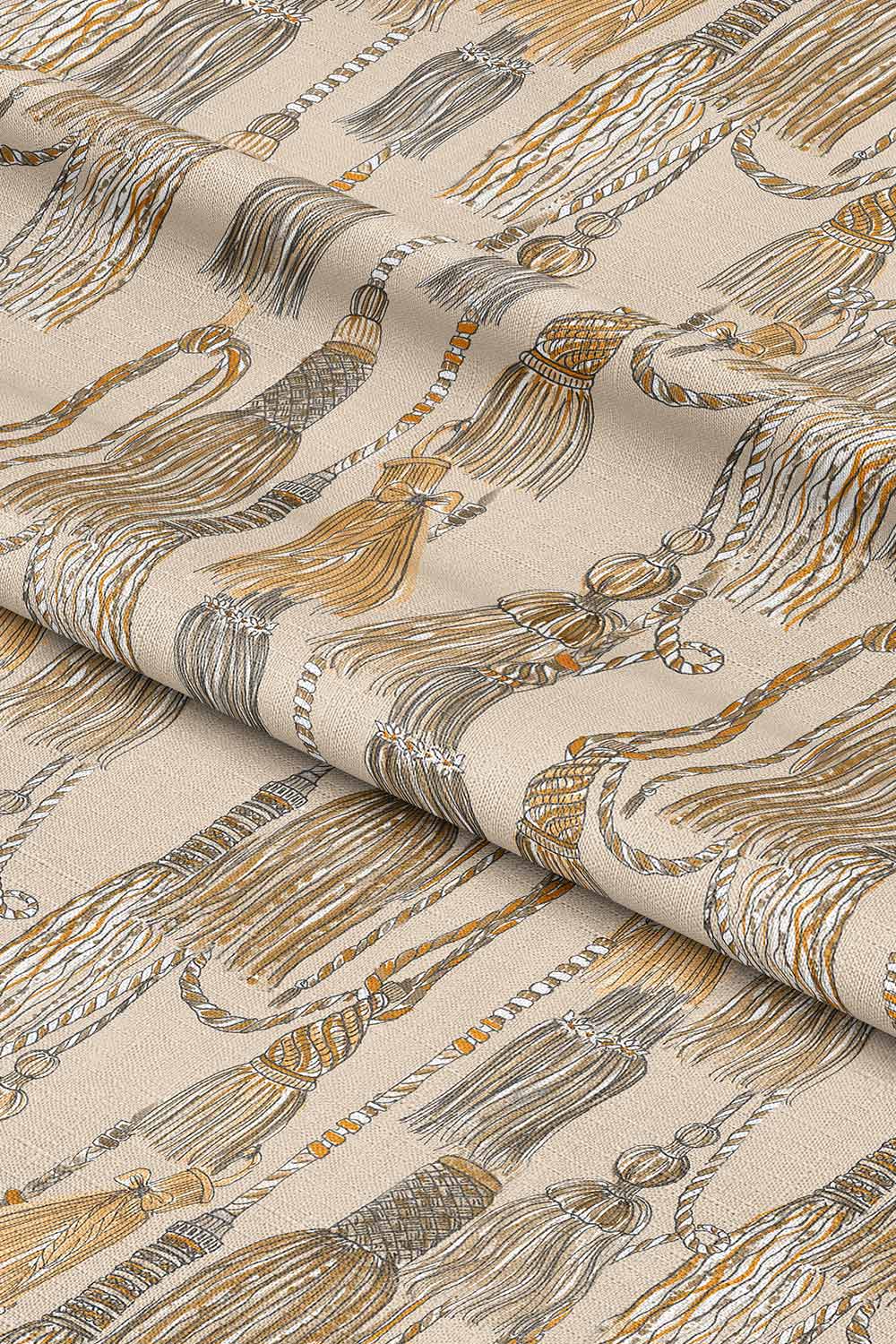 Decorative upholstery fabric with hand-painted watercolor tassels arranged in an allover trellis pattern, rich in texture and detail, beige base with shades of gold, tan and cream tassels. Chinoiserie style design.
