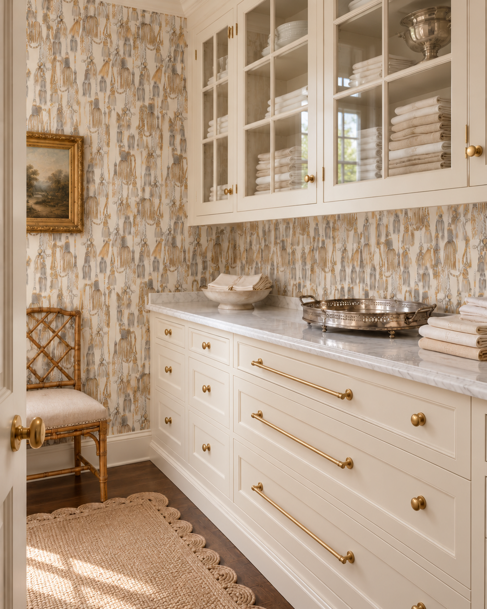 luxury butler's pantry featuring 
tassel wallpaper, chinoiserie tassel wallpaper, chintz wallpaper pattern, traditional interior wallcovering, classic trellis wallpaper, hand painted tassel art, elegant statement wallpaper, decorative tassel design