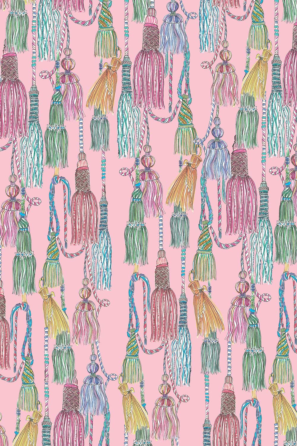 tassel wallpaper grasscloth, chinoiserie grasscloth wallpaper, chintz tassel pattern, natural woven wallpaper, traditional interior design wallpaper, trellis grasscloth wallcovering, neutral tassel wallpaper, hand painted tassel design