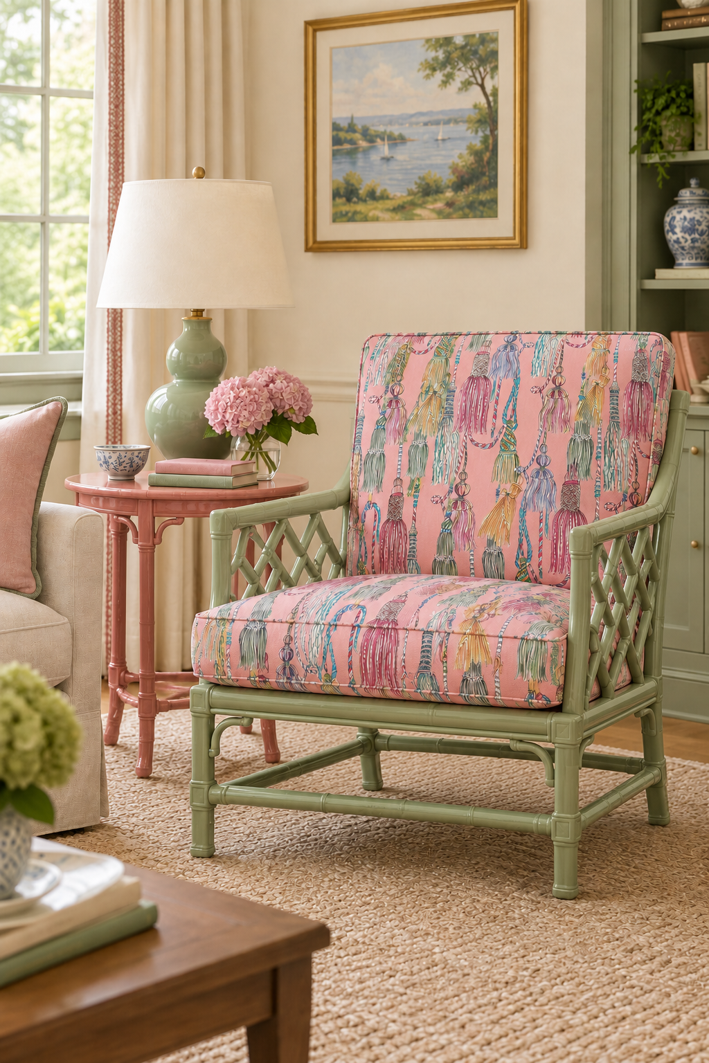 Decorative upholstery fabric with hand-painted watercolor tassels arranged in an allover trellis pattern, rich in texture and detail, pink base with shades of pastel tassels. Chinoiserie style design. featured as the custom upholstered cushions on this chip and dale style chair in a formal traditional living room