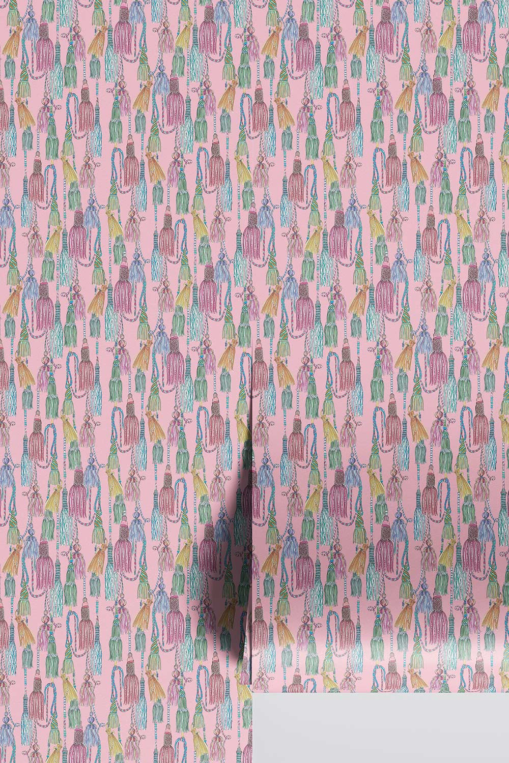tassel wallpaper, chinoiserie tassel wallpaper, chintz wallpaper pattern, traditional interior wallcovering, classic trellis wallpaper, hand painted tassel art, elegant statement wallpaper, decorative tassel design