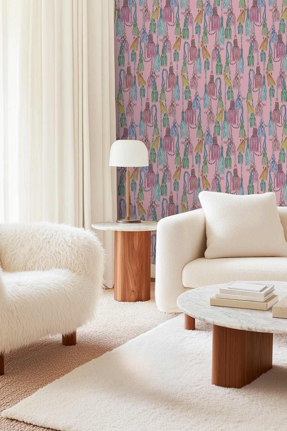 tassel wallpaper grasscloth, chinoiserie grasscloth wallpaper, chintz tassel pattern, natural woven wallpaper, traditional interior design wallpaper, trellis grasscloth wallcovering, neutral tassel wallpaper, hand painted tassel design