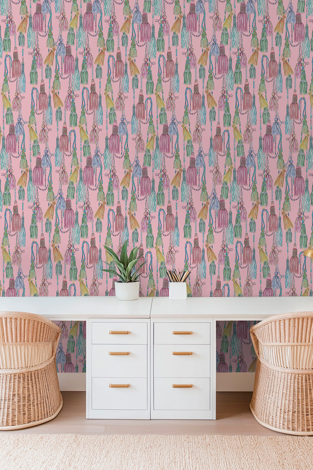 tassel wallpaper, chinoiserie tassel wallpaper, chintz wallpaper pattern, traditional interior wallcovering, classic trellis wallpaper, hand painted tassel art, elegant statement wallpaper, decorative tassel design