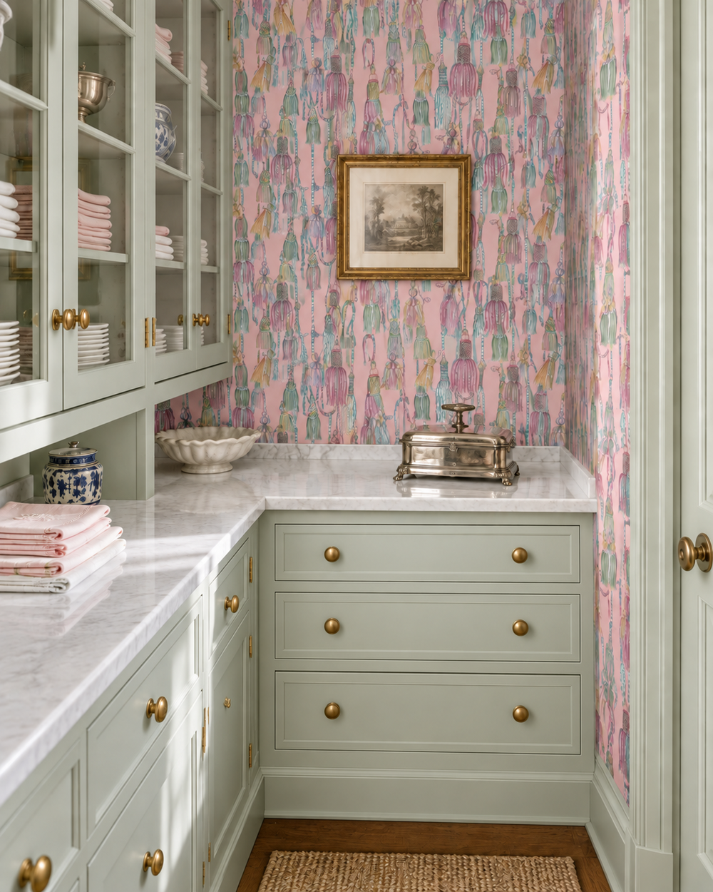 tassel wallpaper, chinoiserie tassel wallpaper, chintz wallpaper pattern, traditional interior wallcovering, classic trellis wallpaper, hand painted tassel art, elegant statement wallpaper, decorative tassel design featured in this luxury butler's pantry