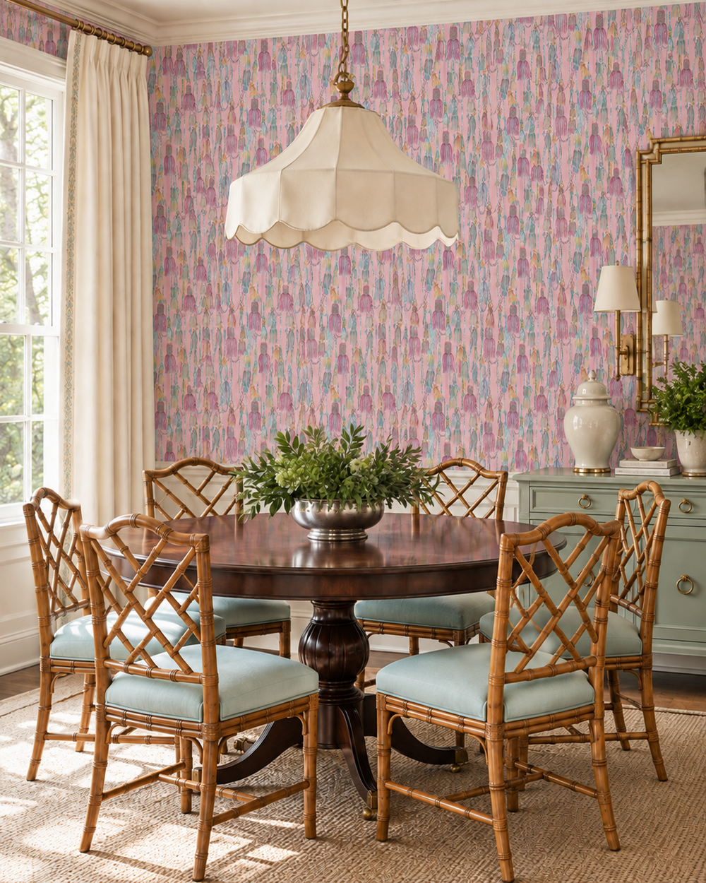 luxury interior designed traditional dining room
tassel wallpaper grasscloth, chinoiserie grasscloth wallpaper, chintz tassel pattern, natural woven wallpaper, traditional interior design wallpaper, trellis grasscloth wallcovering, neutral tassel wallpaper, hand painted tassel design