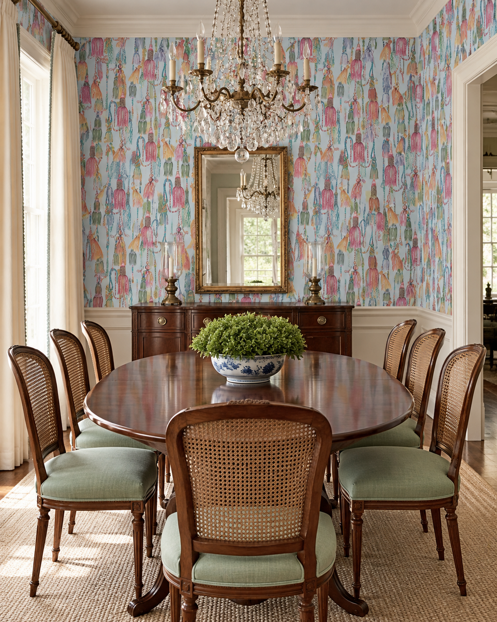 luxury traditional dining room featuring hand-painted watercolor multi colored tassel design printed on all-natural and eco-friendly wall-covering