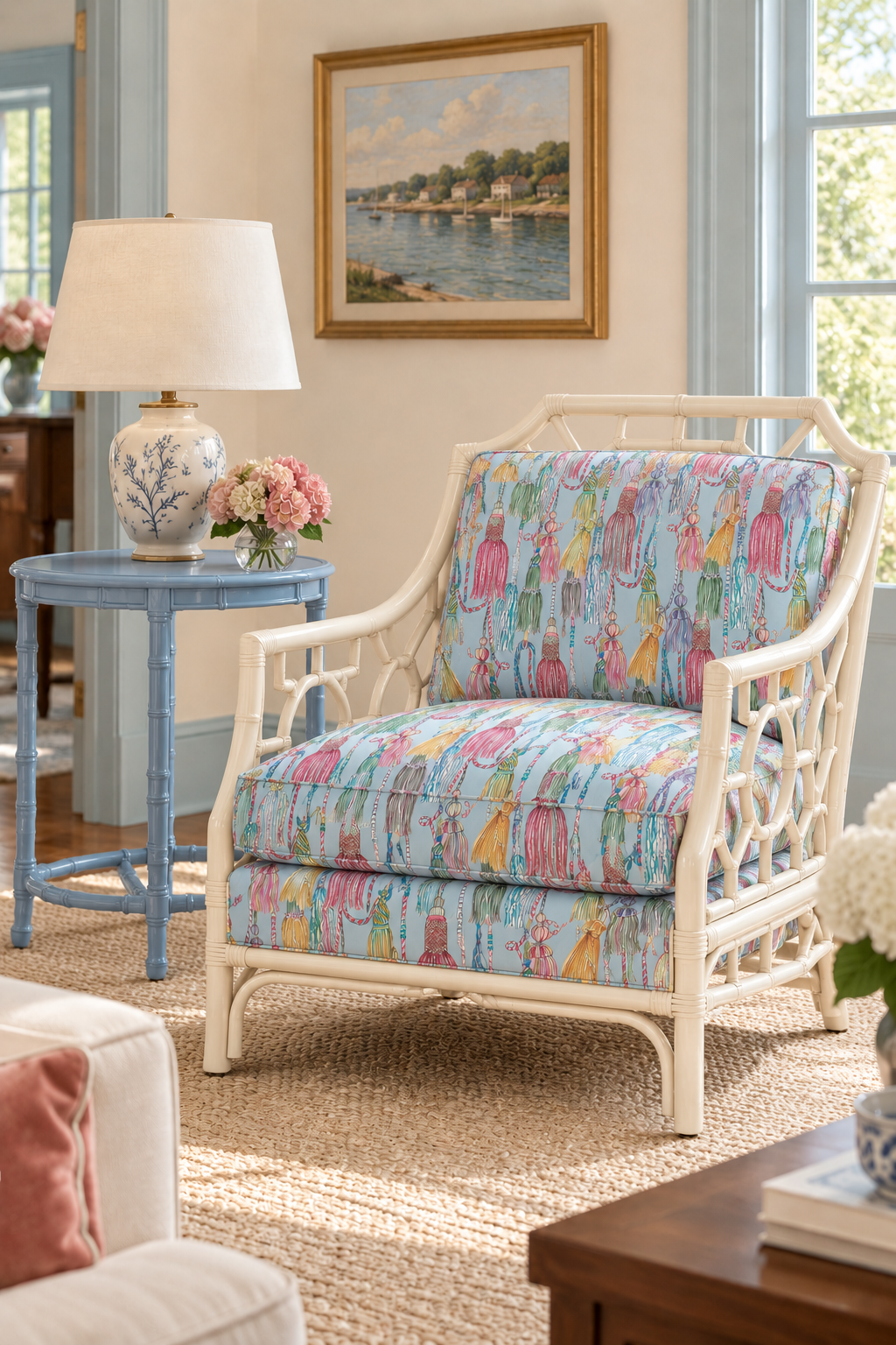 Decorative upholstery fabric with hand-painted watercolor tassels arranged in an allover trellis pattern, rich in texture and detail, light french blue base with pastel tassels. Chinoiserie style design. Featured as the custom chip and dale style chair upholstered seat cushions in this formal living room