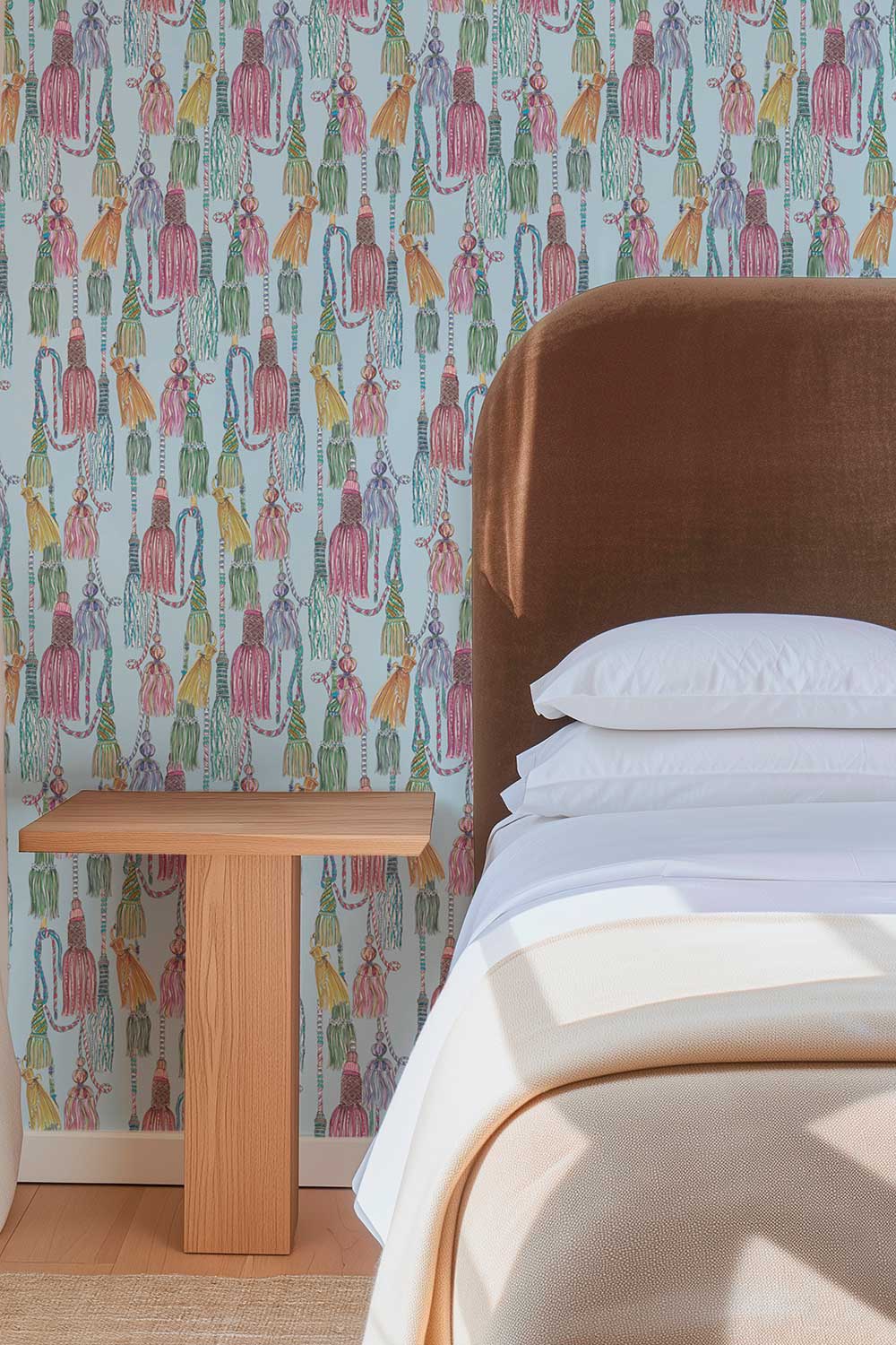 Hand-painted watercolor tassel trellis wallpaper printed on natural grasscloth, showcasing classic chinoiserie style in multiple colorways.