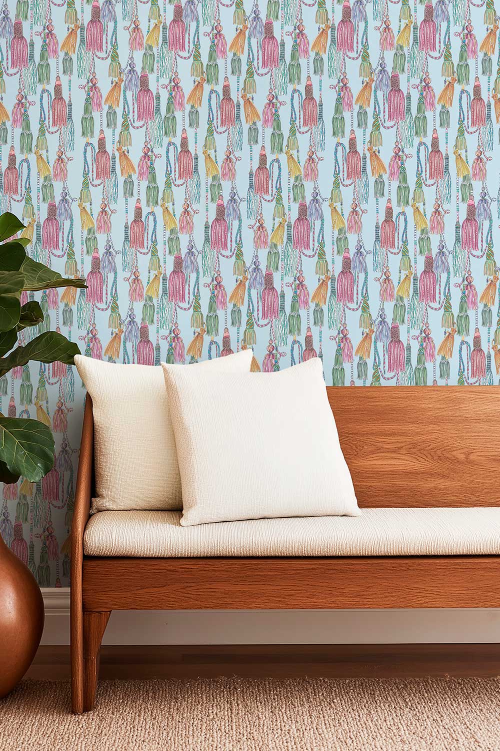 Watercolor tassel trellis wallpaper in neutral and colorful colorways, inspired by classic chinoiserie and traditional decorative textiles for luxury foyers
