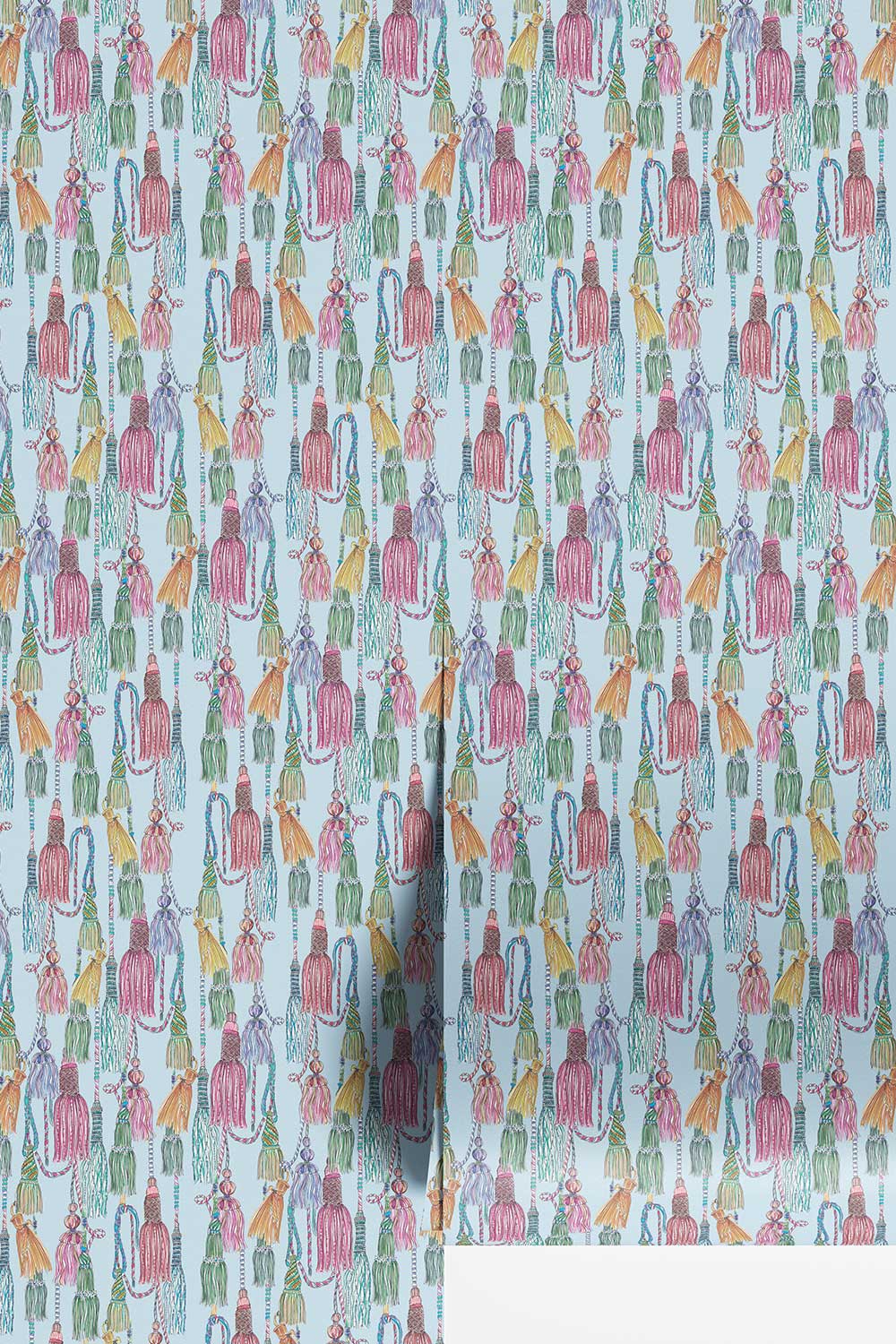 tassel wallpaper, chinoiserie tassel wallpaper, chintz wallpaper pattern, traditional interior wallcovering, classic trellis wallpaper, hand painted tassel art, elegant statement wallpaper, decorative tassel design