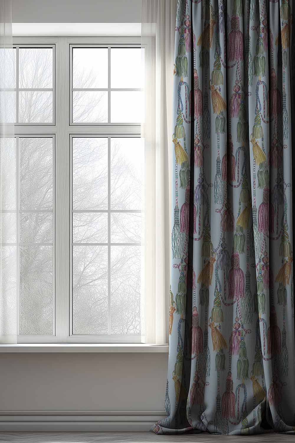 Decorative upholstery fabric with hand-painted watercolor tassels arranged in an allover trellis pattern, rich in texture and detail, light french blue base with pastel tassels. Chinoiserie style design.