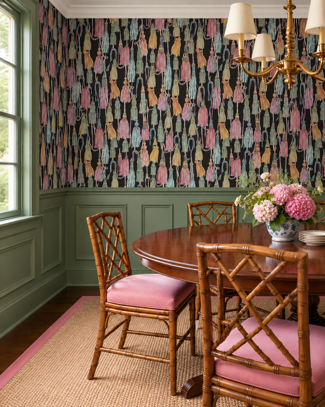 formal dining room with all natural luxury traditional matte wallpaper on black featuring hand painted colorful tassels