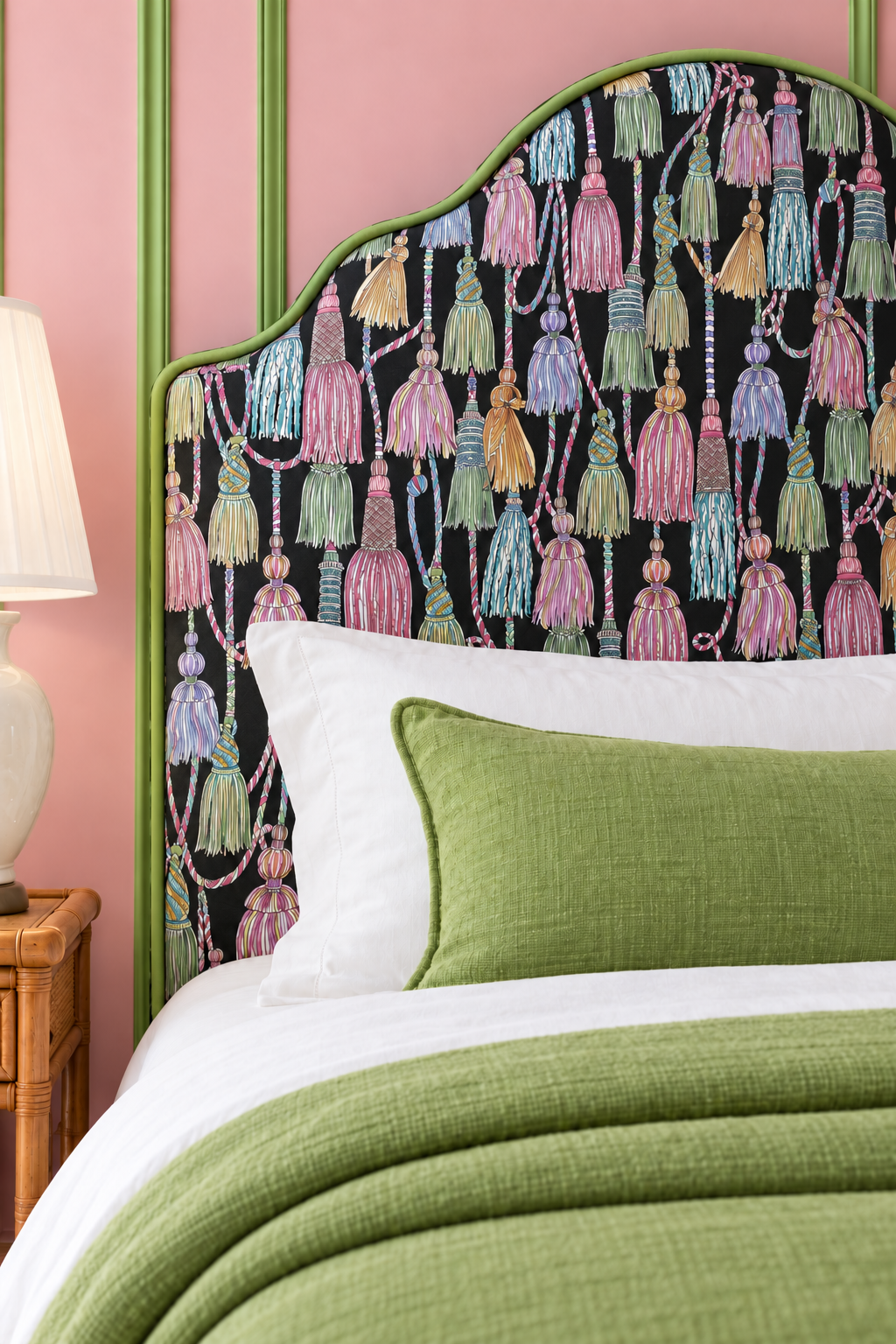 Custom upholstered fabric headboard featuring Decorative upholstery fabric with hand-painted watercolor tassels arranged in an allover trellis pattern, rich in texture and detail, black base with shades of pastel tassels. Chinoiserie style design.