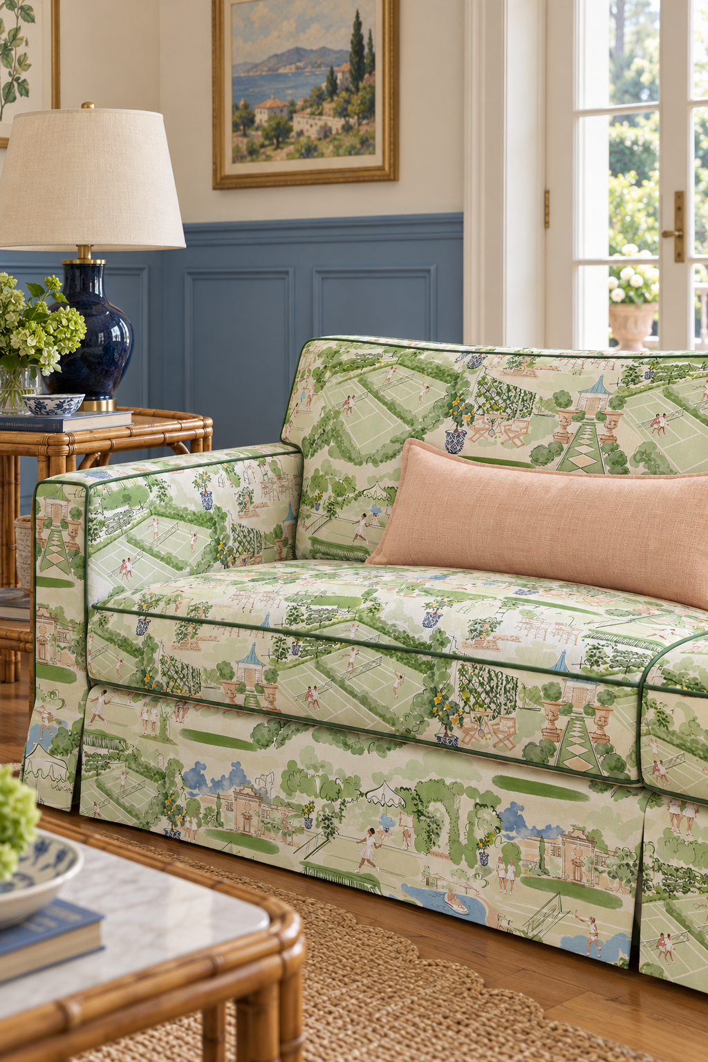 Classic sports toile upholstery fabric depicting tennis matches, poolside lounging, cocktails, and manicured country club scenes featured as this custom couch upholstery in a tennis club lounge
