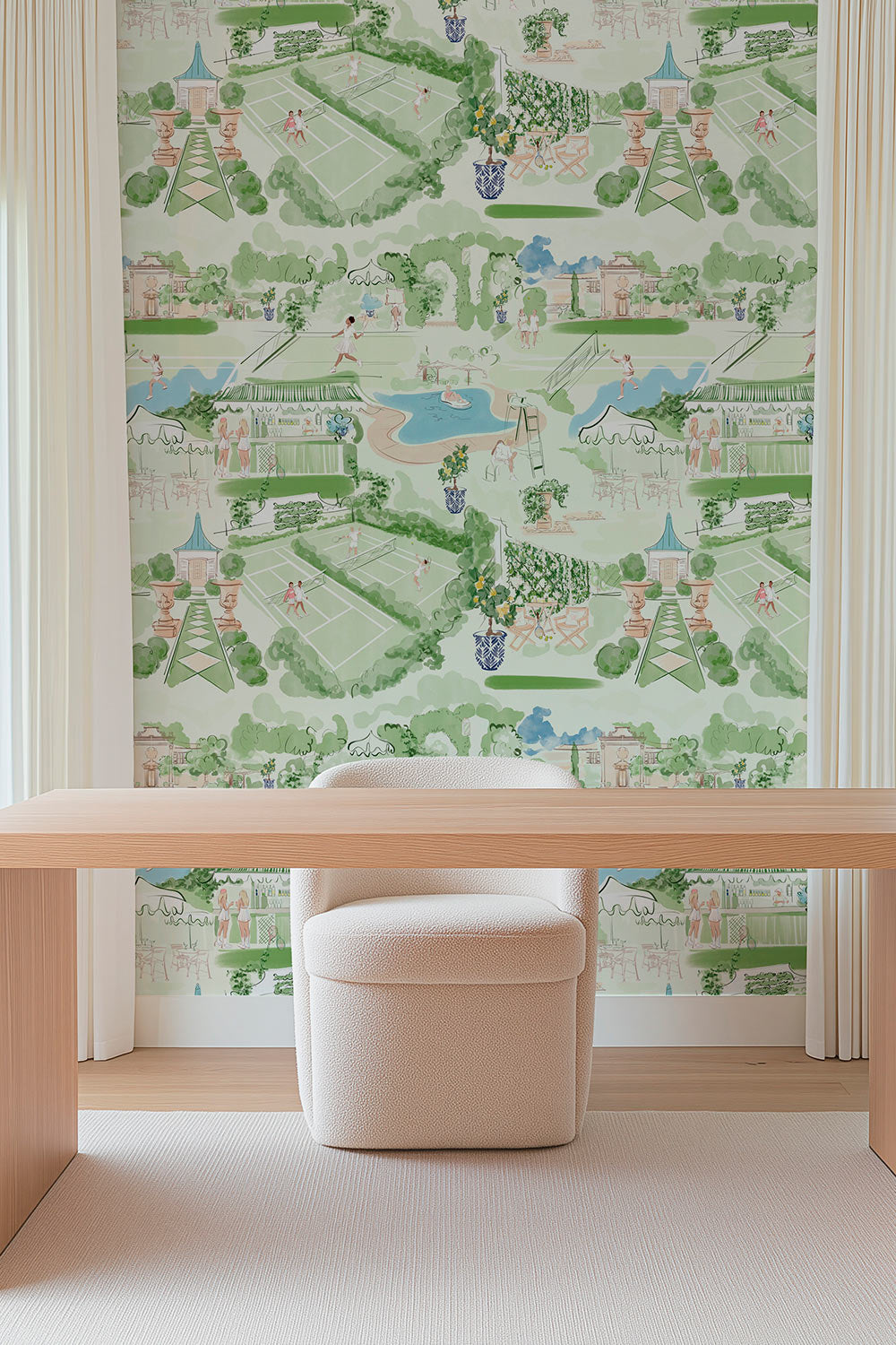 Tennis Club Toile traditional wallpaper featuring hand-drawn country club scenes including tennis matches, gardens, poolside lounging, and cabana moments printed on elevated wall coverings
