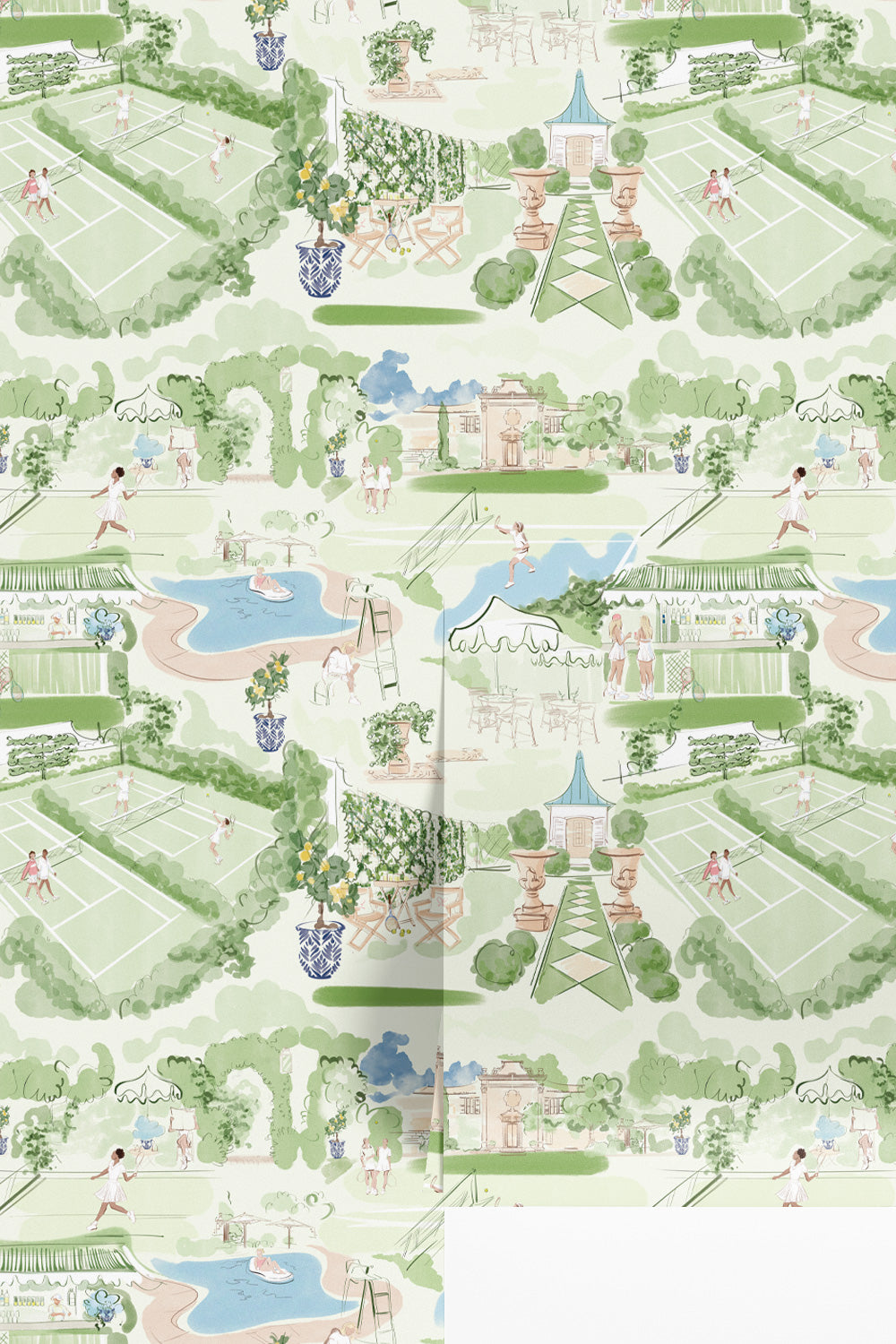 Tennis Club Toile traditional wallpaper featuring hand-drawn country club scenes including tennis matches, gardens, poolside lounging, and cabana moments printed on elevated wall coverings