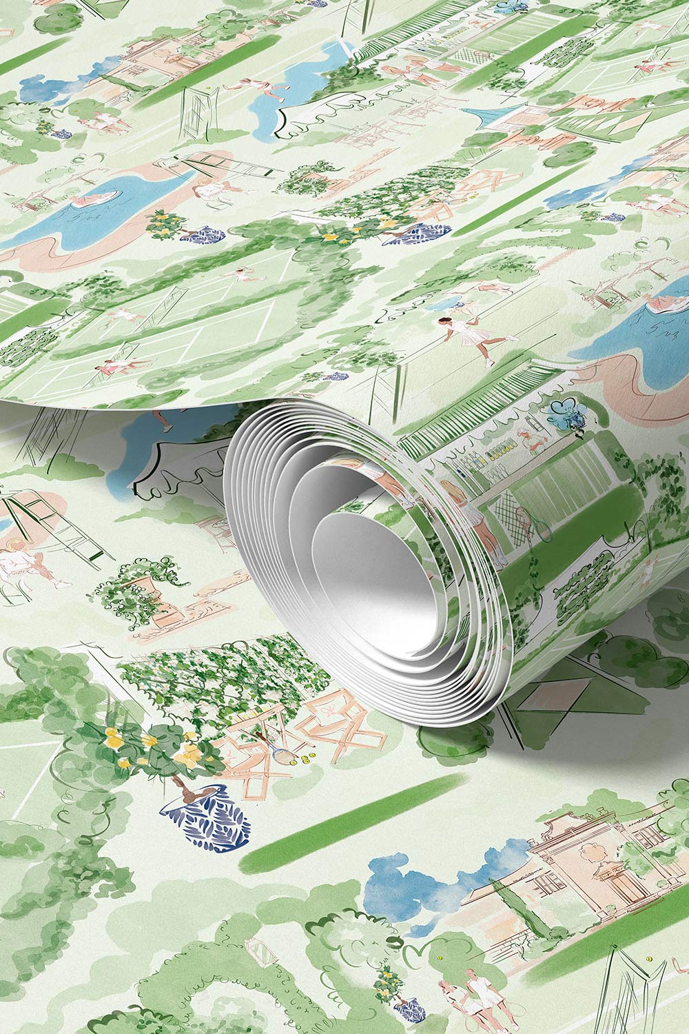 tennis toile vinyl wallpaper, washable wallpaper, commercial grade wallcovering, moisture resistant wallpaper, sports toile wallpaper, durable wallpaper, pool house wallpaper, locker room wallpaper, clubhouse wallcovering