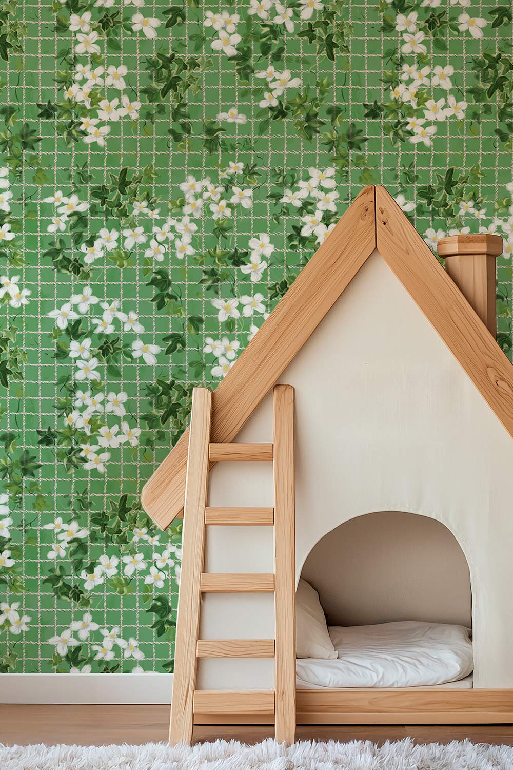 Performance vinyl wallpaper with watercolor ivy, white flowers, and a subtle tennis-net grid on a textured, washable surface in bright grass green perfect for high traffic kid's bedrooms and playrooms
