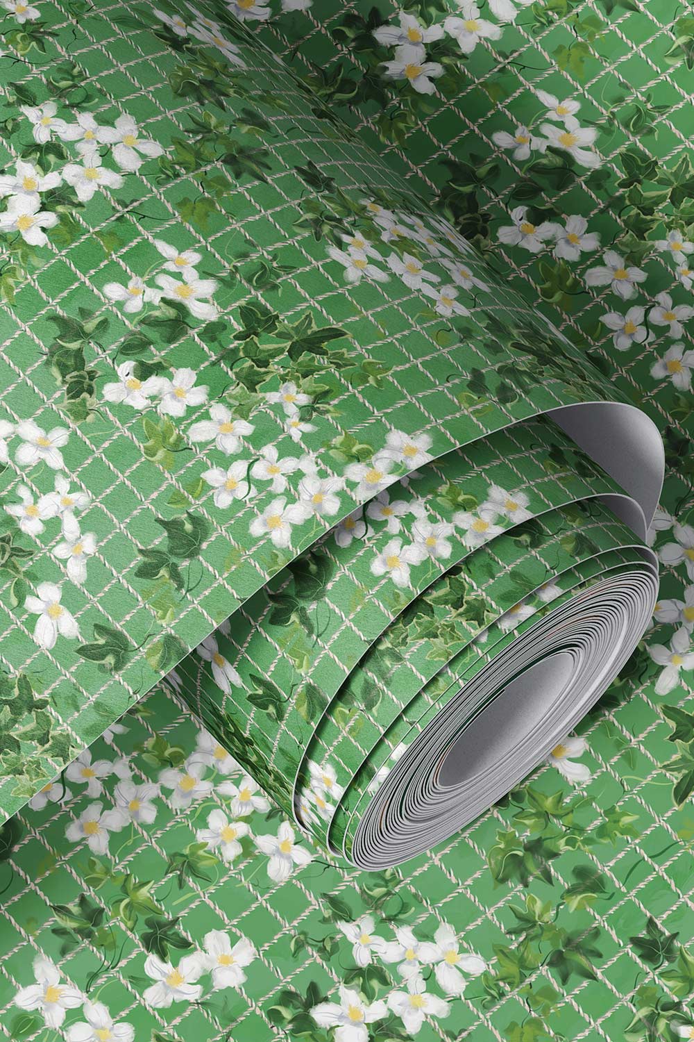 ace of ivy vinyl wallpaper, washable floral wallpaper, commercial grade botanical wallpaper, moisture resistant wallpaper, tennis wallpaper, durable vinyl wallcovering, ivy vinyl wallpaper, pickleball club wallpaper, bright green wall covering