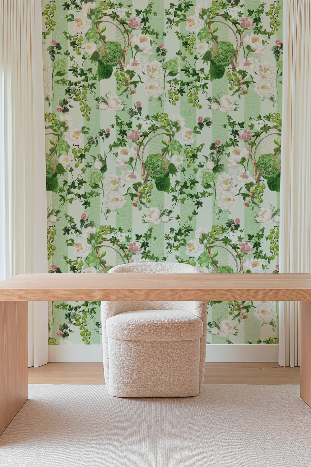 tennis garden party wallpaper
botanical stripe wallpaper
tennis club wallpaper
country club wallcovering
floral stripe wallpaper
luxury matte wallpaper
hand-painted botanical wallpaper
preppy tennis wallpaper
designer wallpaper for clubs
elegant floral wallcovering
