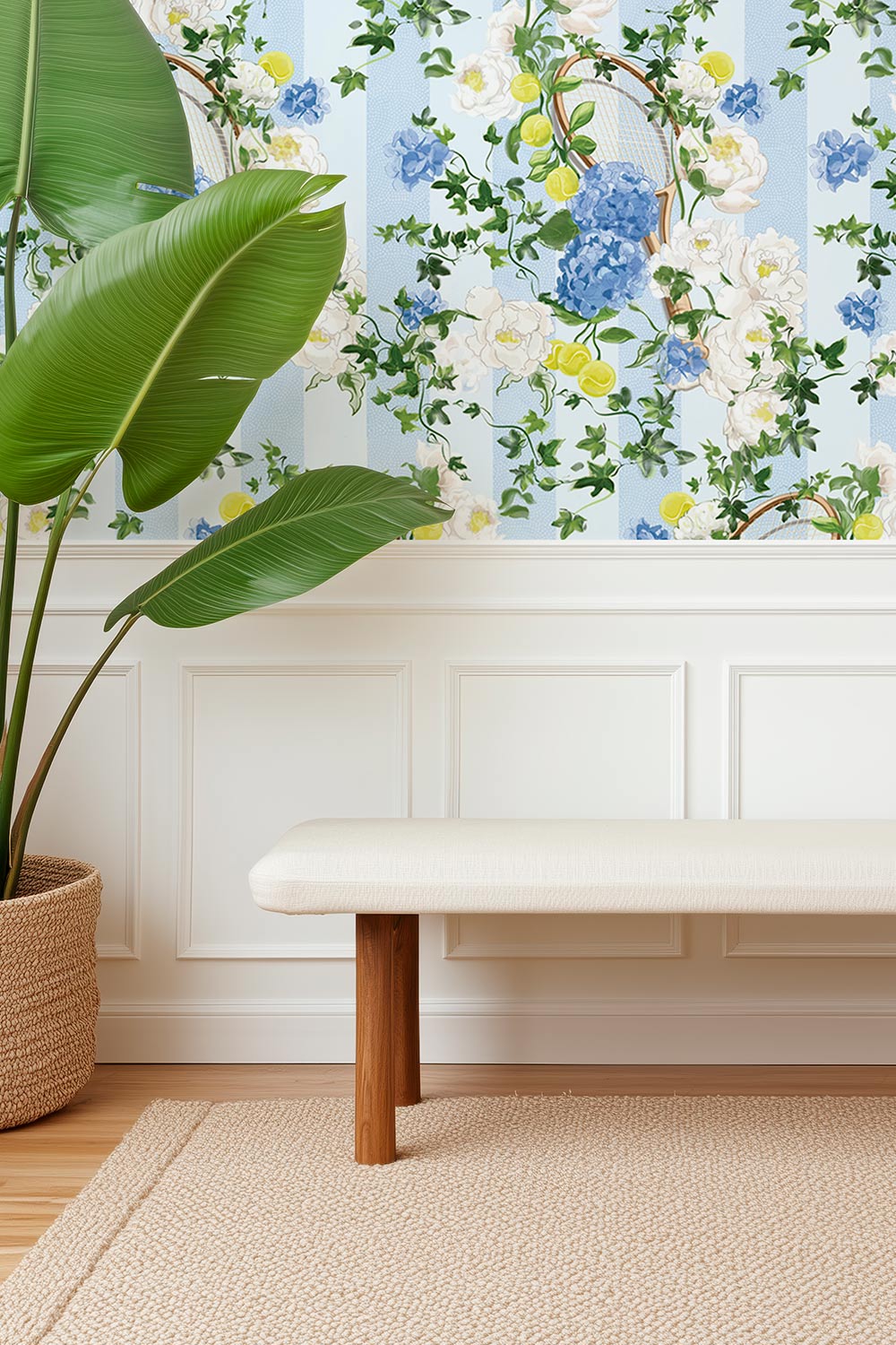 Hand-painted botanical stripe wallpaper with hydrangeas, peonies, tennis rackets, and tennis balls on a classic matte finish