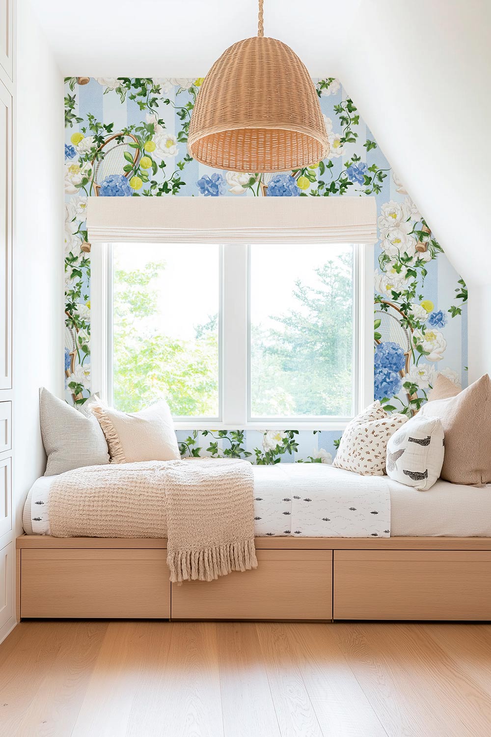 Performance vinyl botanical stripe wallpaper with hydrangeas, peonies, tennis rackets, and tennis balls for high-end commercial interiors