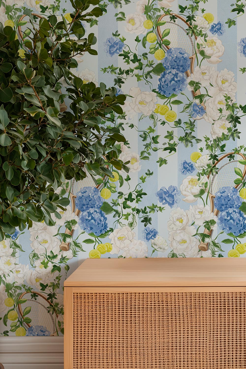 Performance vinyl botanical stripe wallpaper with hydrangeas, peonies, tennis rackets, and tennis balls for high-end commercial interiors