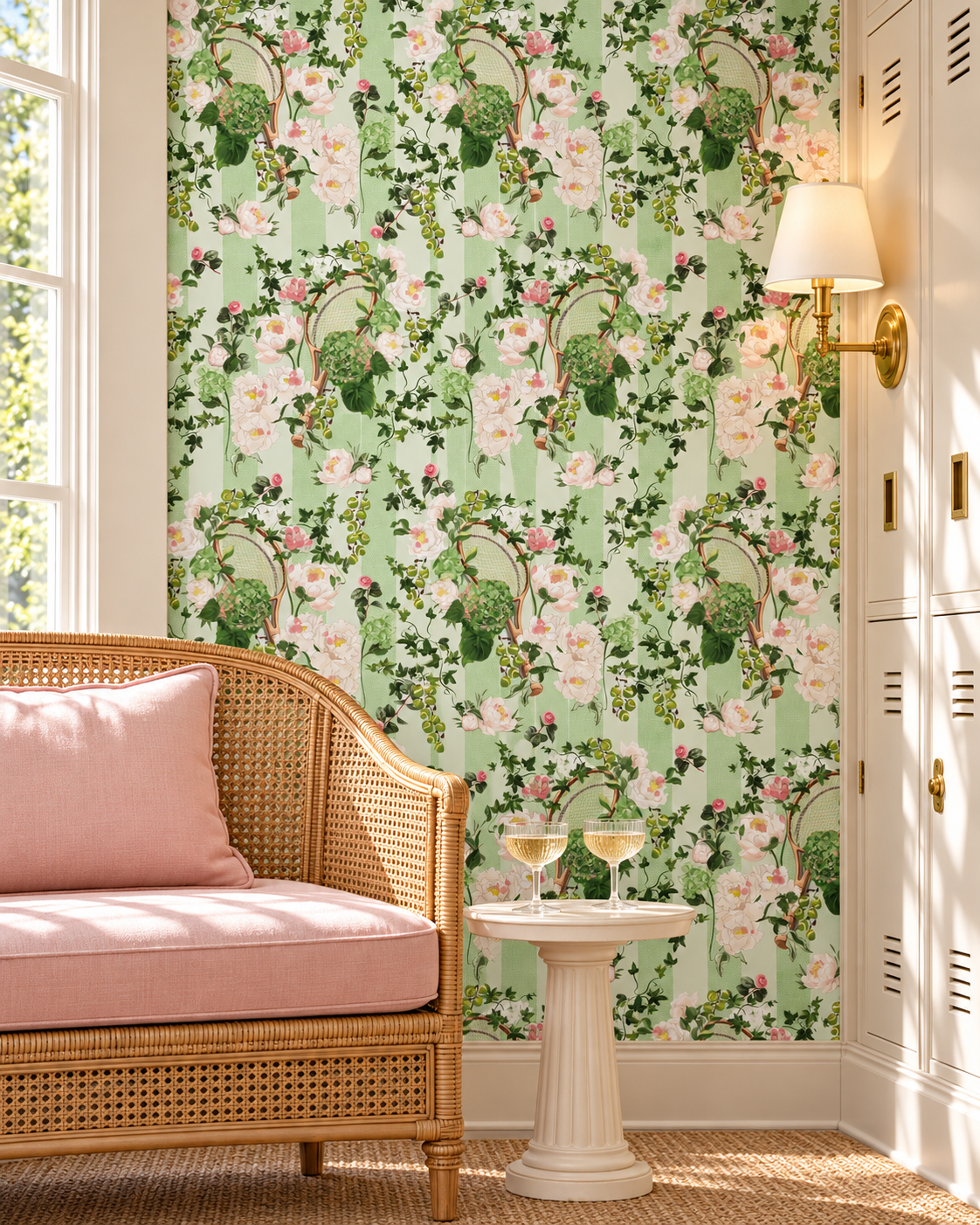 A styled interior corner featuring a light green floral wallpaper with pink flowers and green leaves, shown behind a wicker bench with a pink cushion and a small white pedestal table.