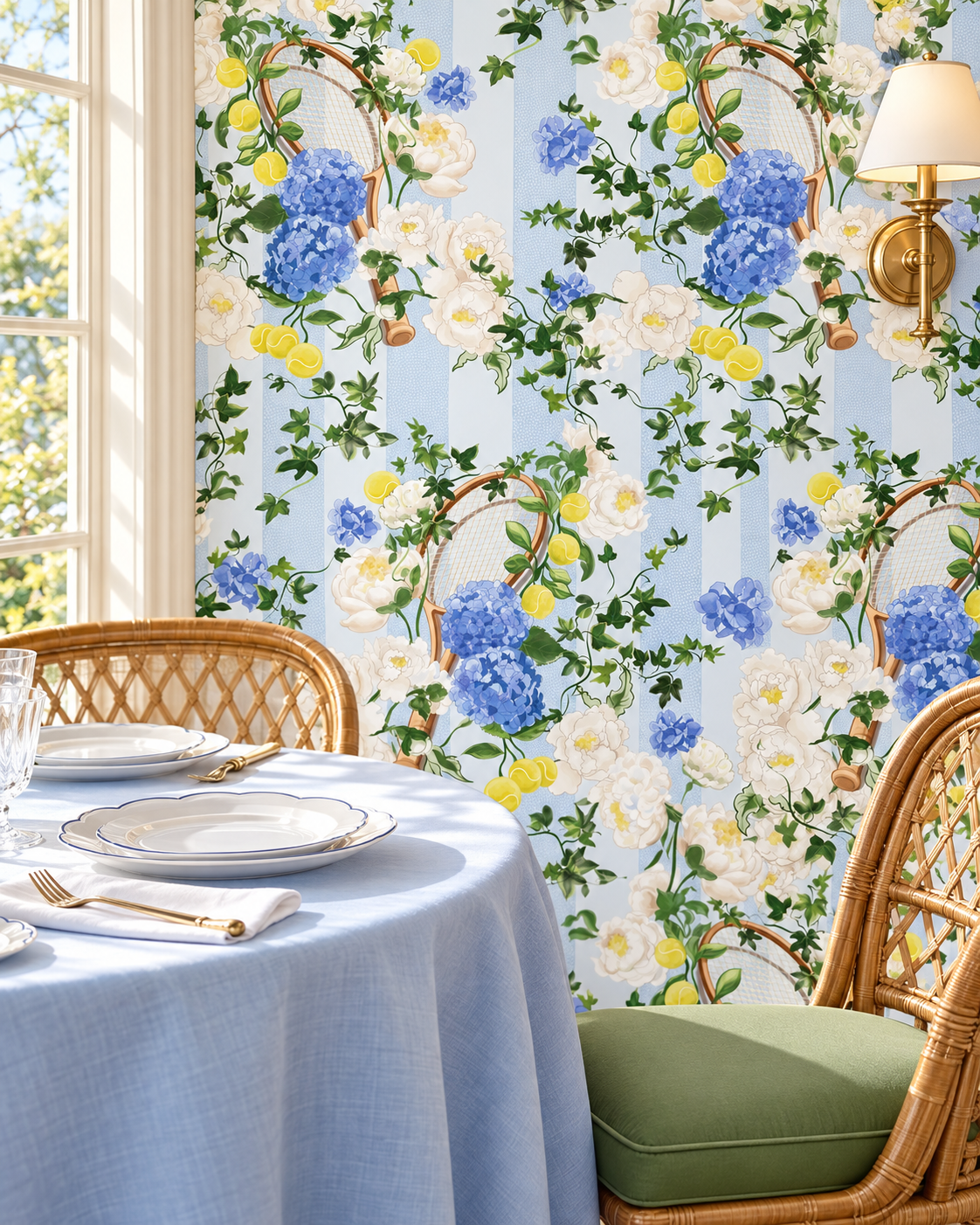 Performance vinyl botanical stripe wallpaper with hydrangeas, peonies, tennis rackets, and tennis balls for high-end commercial interiors
